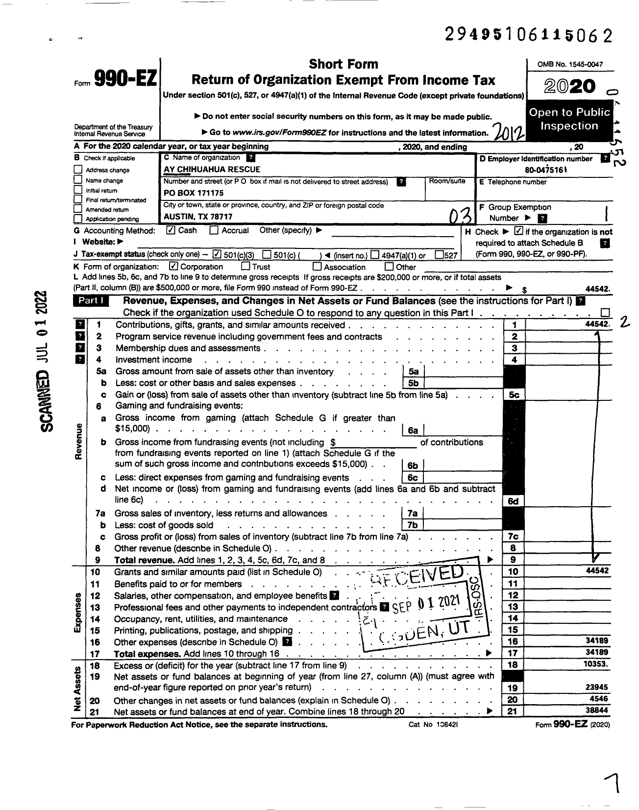 Image of first page of 2020 Form 990EZ for Ay Chihuahua Rescue