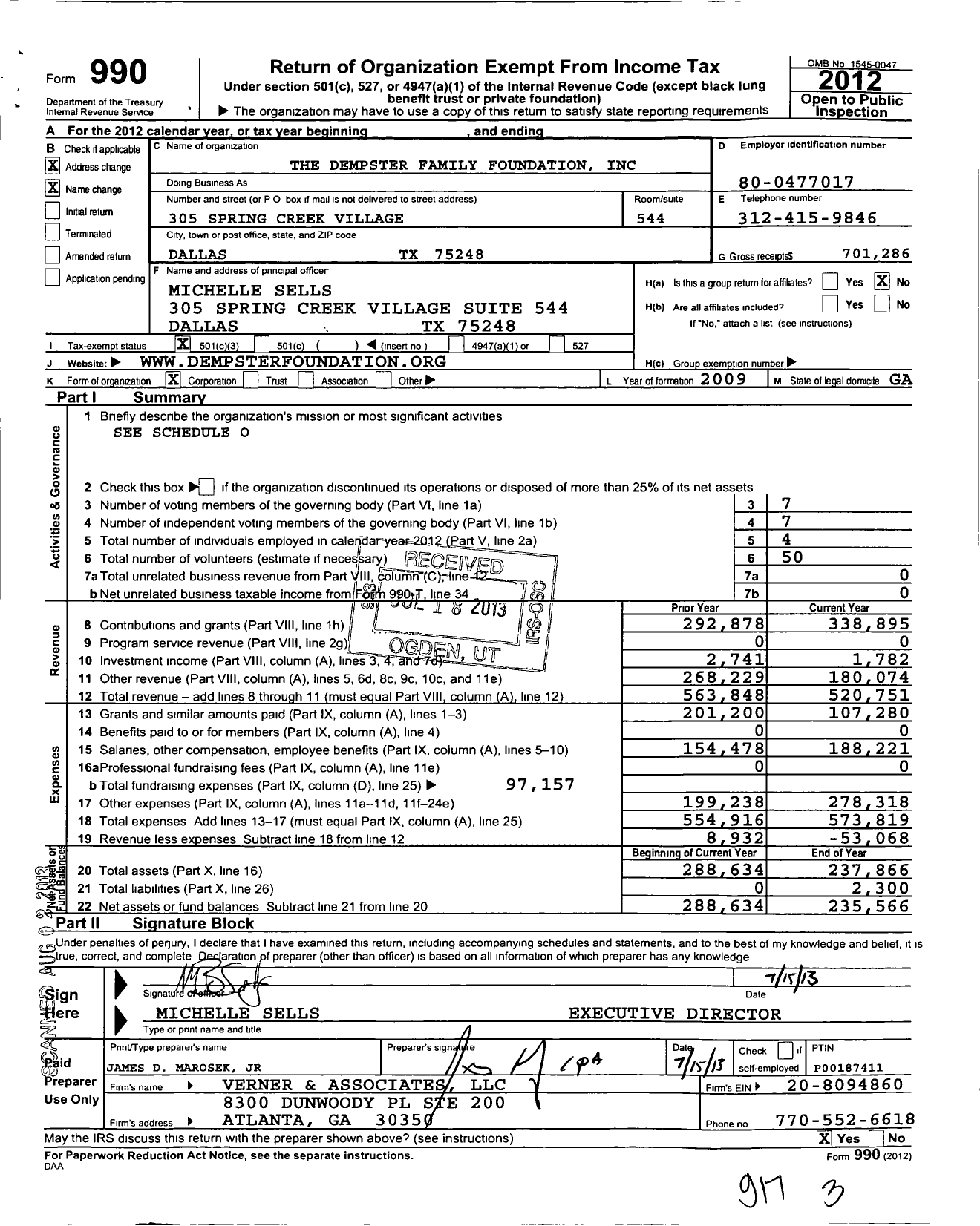 Image of first page of 2012 Form 990 for The Dempster Family Foundation