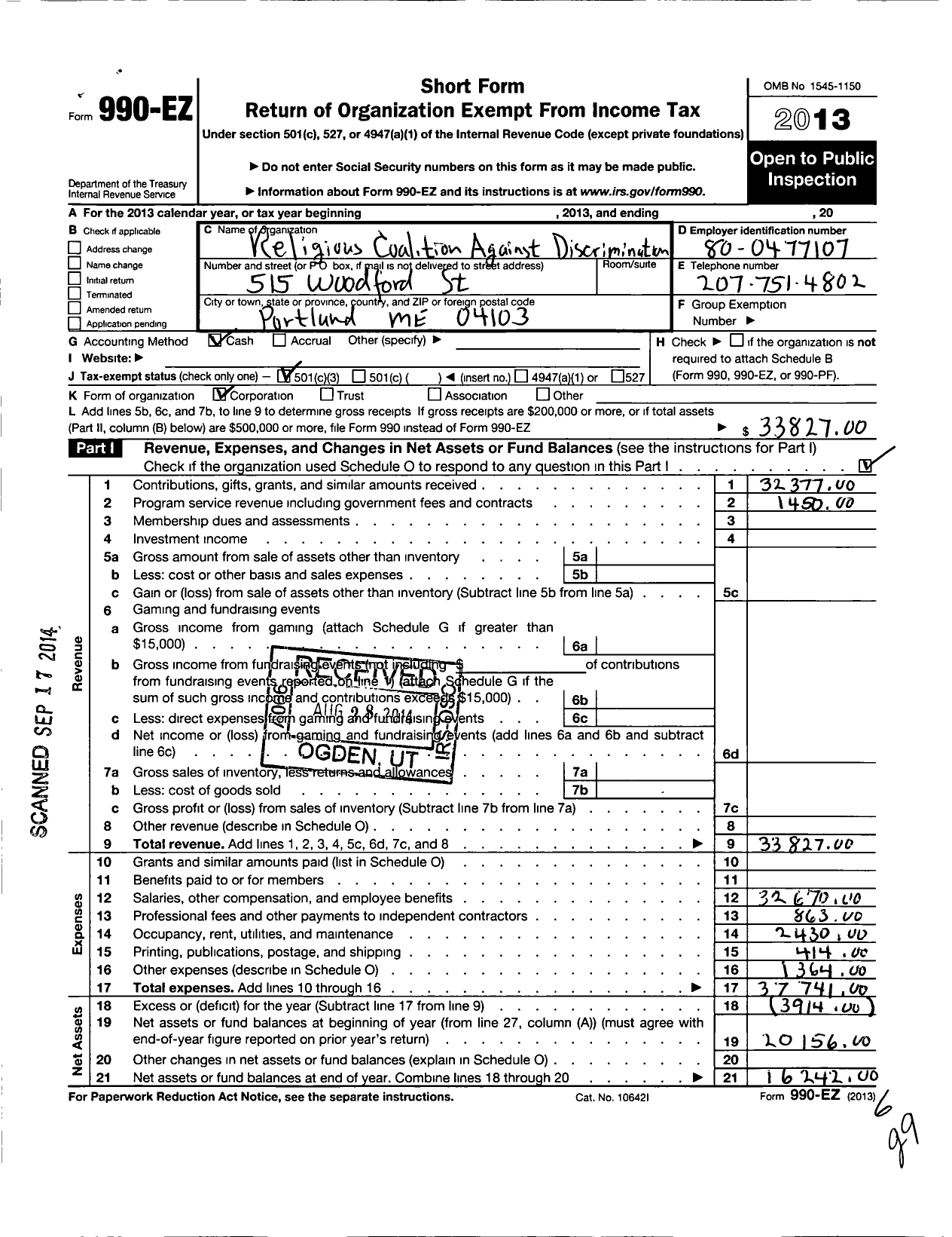 Image of first page of 2013 Form 990EZ for Religious Coalition Against Discrimination