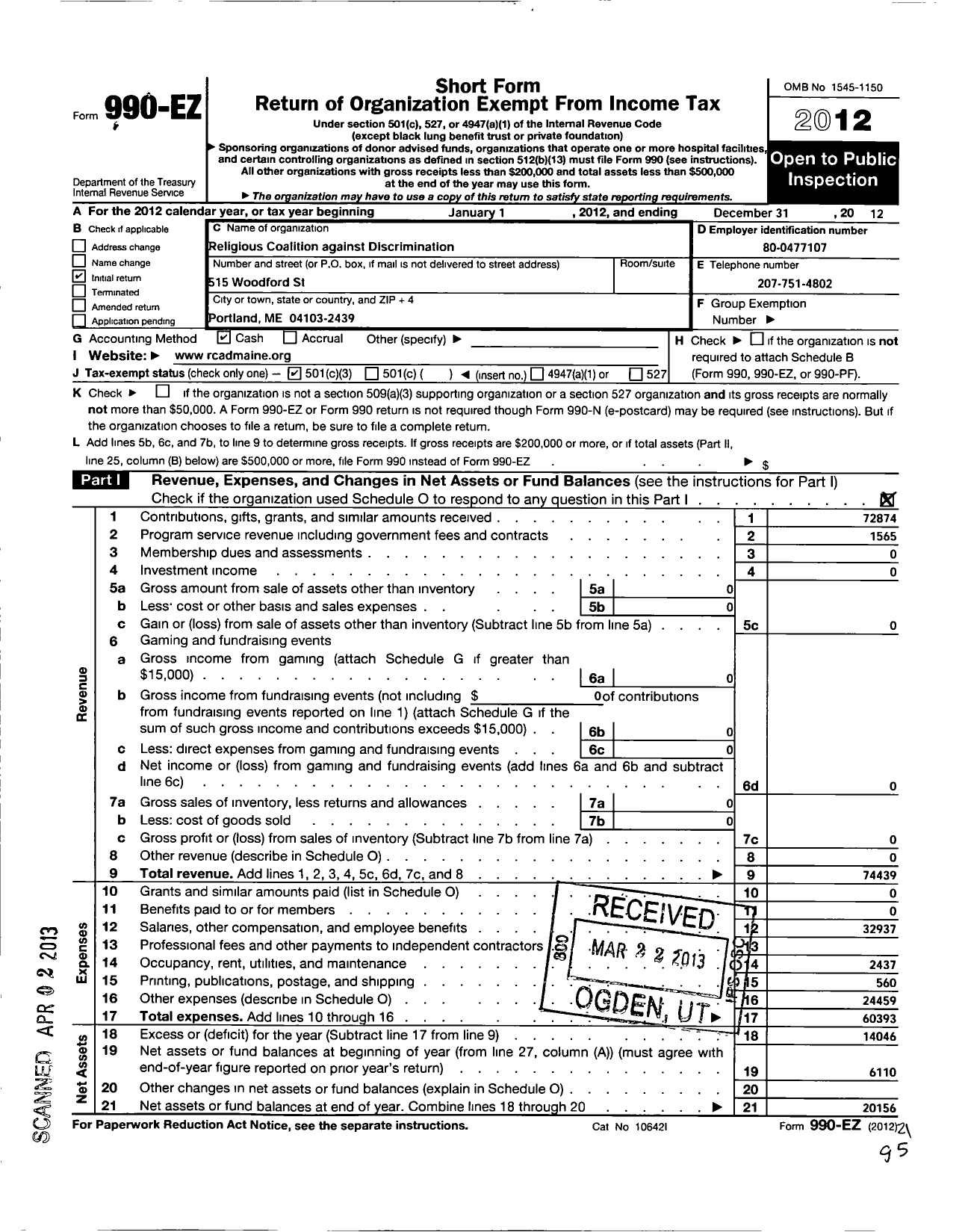 Image of first page of 2012 Form 990EZ for Religious Coalition Against Discrimination