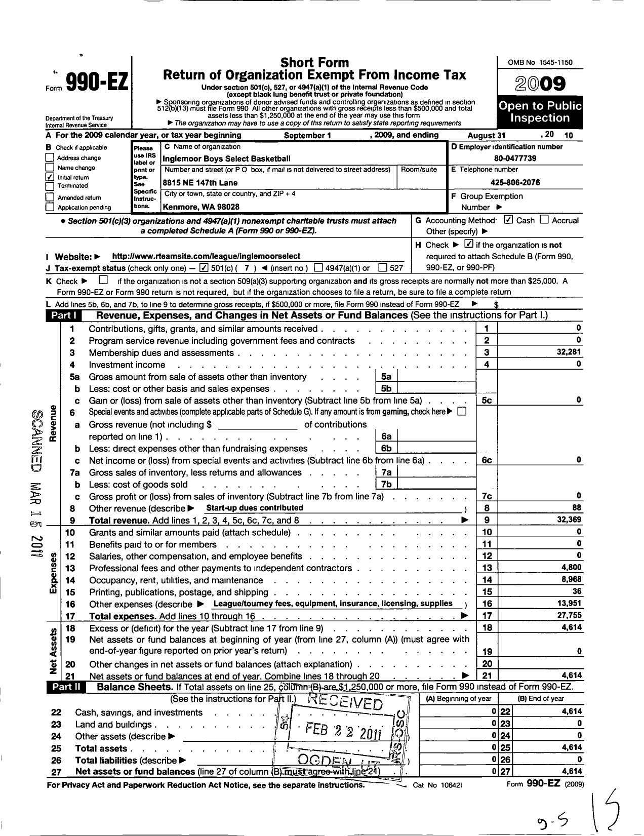 Image of first page of 2009 Form 990EO for Inglemoor Boys Select Basketball