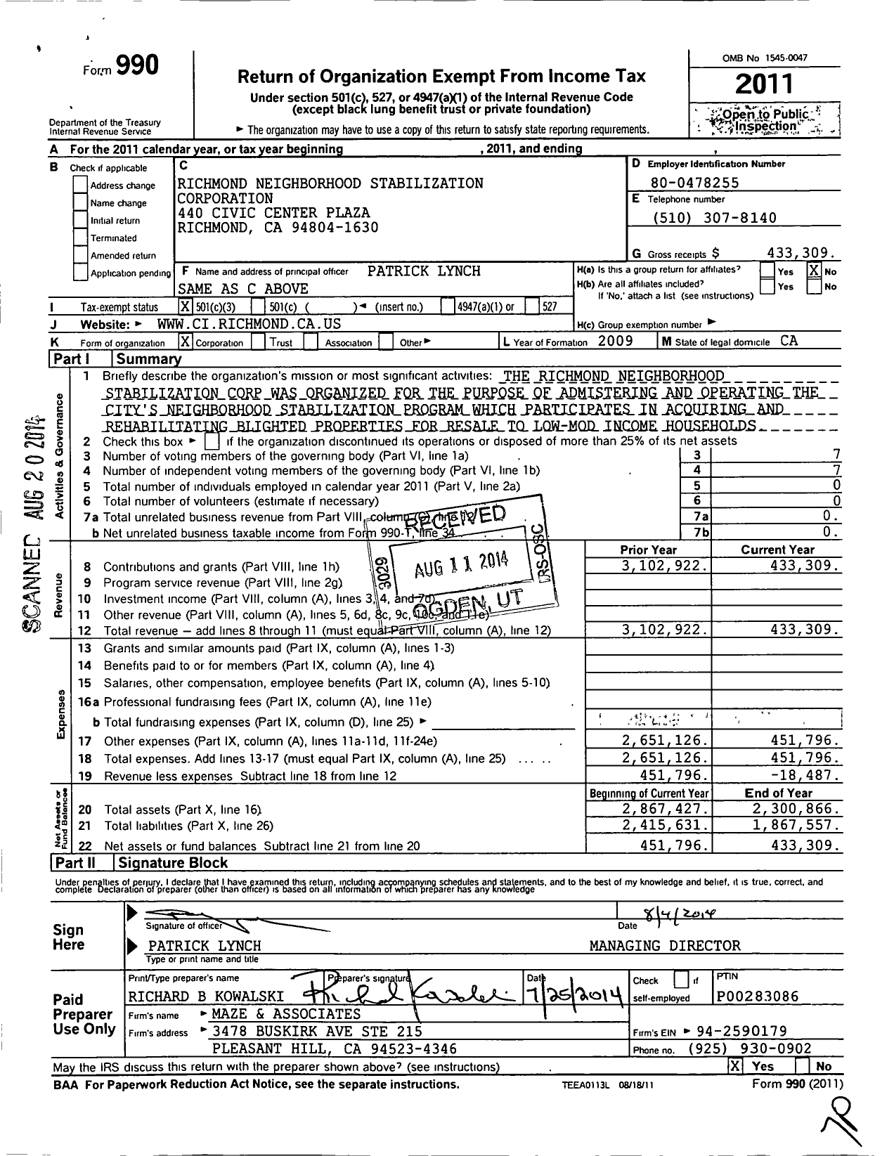 Image of first page of 2011 Form 990 for Richmond Neighborhood Stabilization Corporation