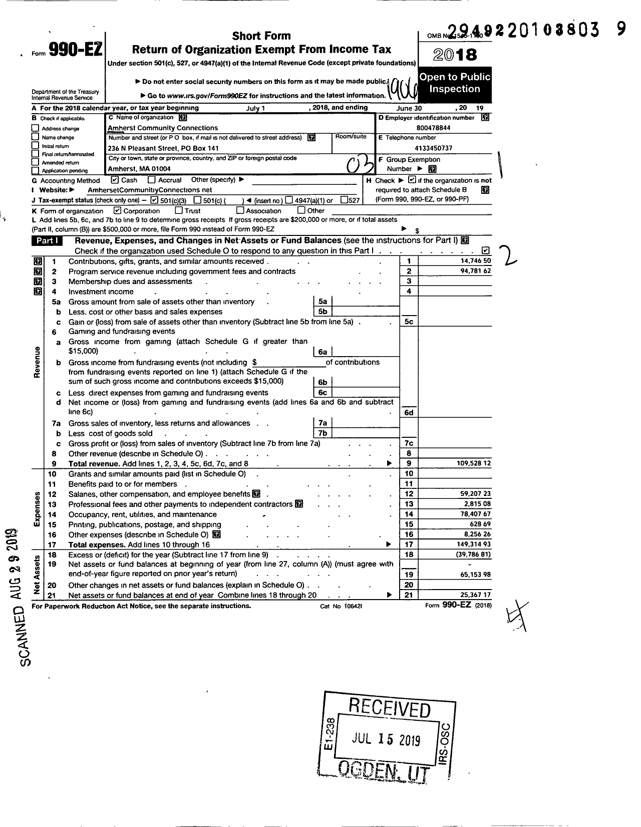 Image of first page of 2018 Form 990EZ for Amherst Community Connections