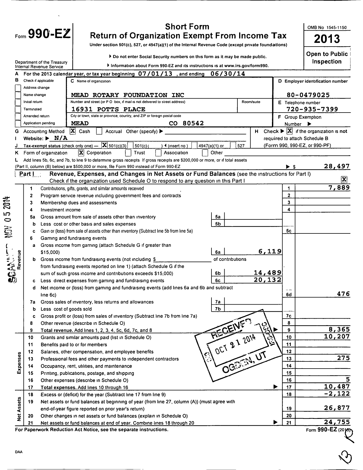 Image of first page of 2013 Form 990EZ for Mead Rotary Foundation