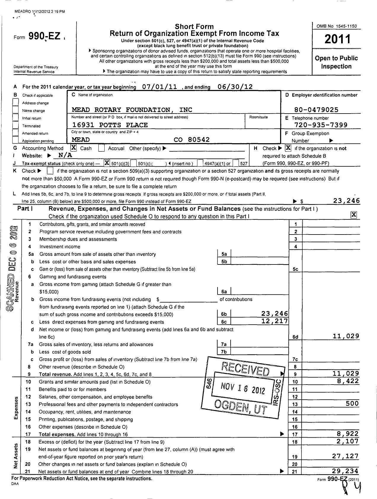 Image of first page of 2011 Form 990EZ for Mead Rotary Foundation