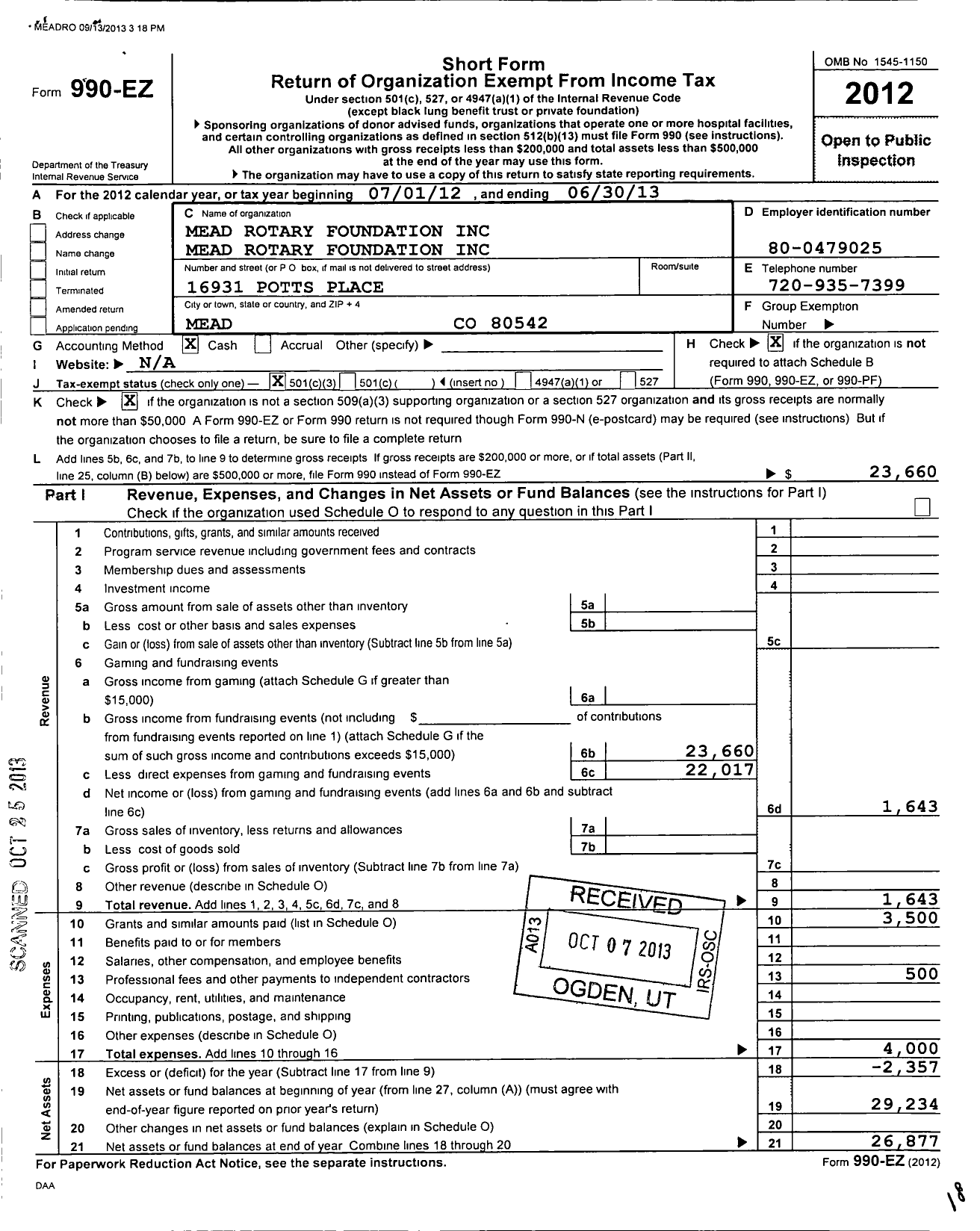 Image of first page of 2012 Form 990EZ for Mead Rotary Foundation