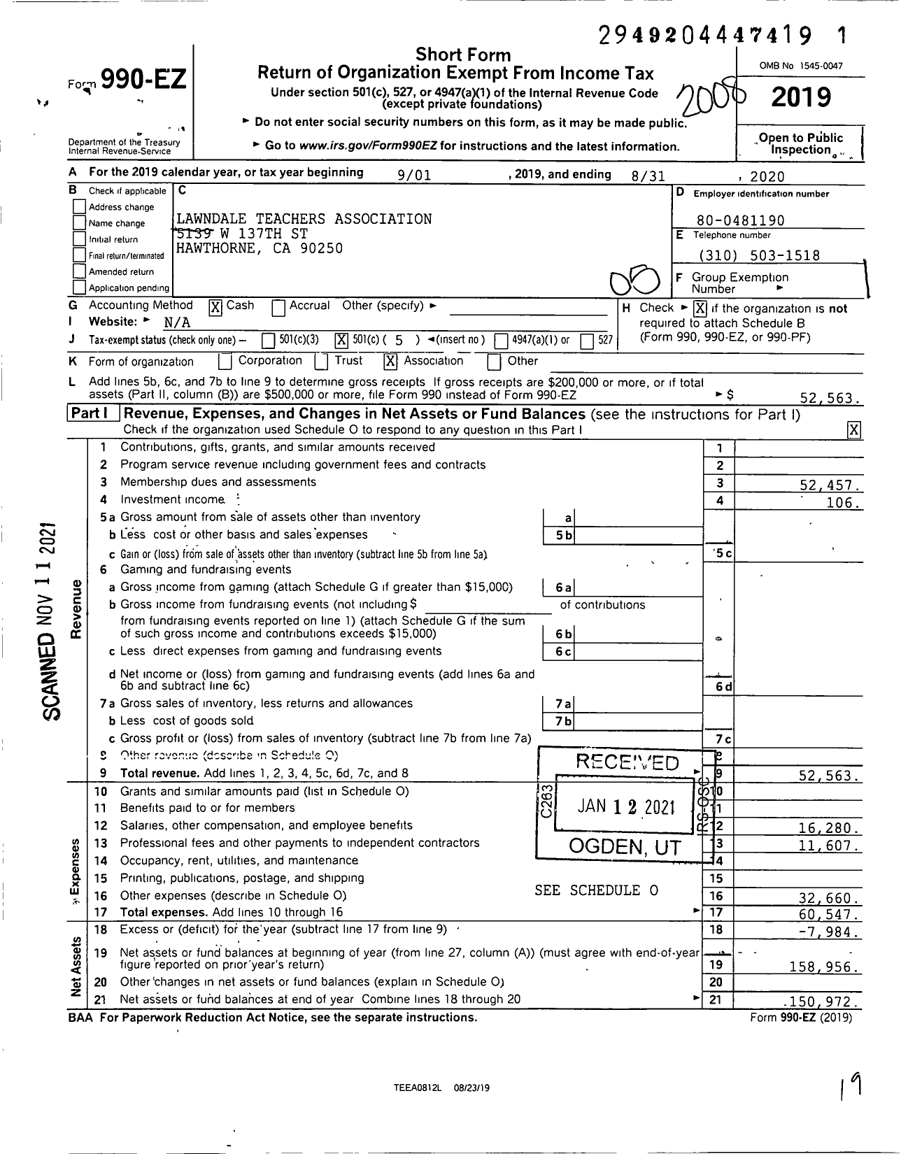 Image of first page of 2019 Form 990EO for California Teachers Association - Lawndale Ta