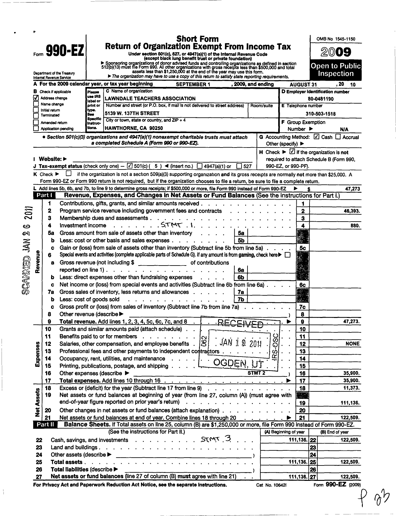 Image of first page of 2009 Form 990EO for California Teachers Association - Lawndale Ta