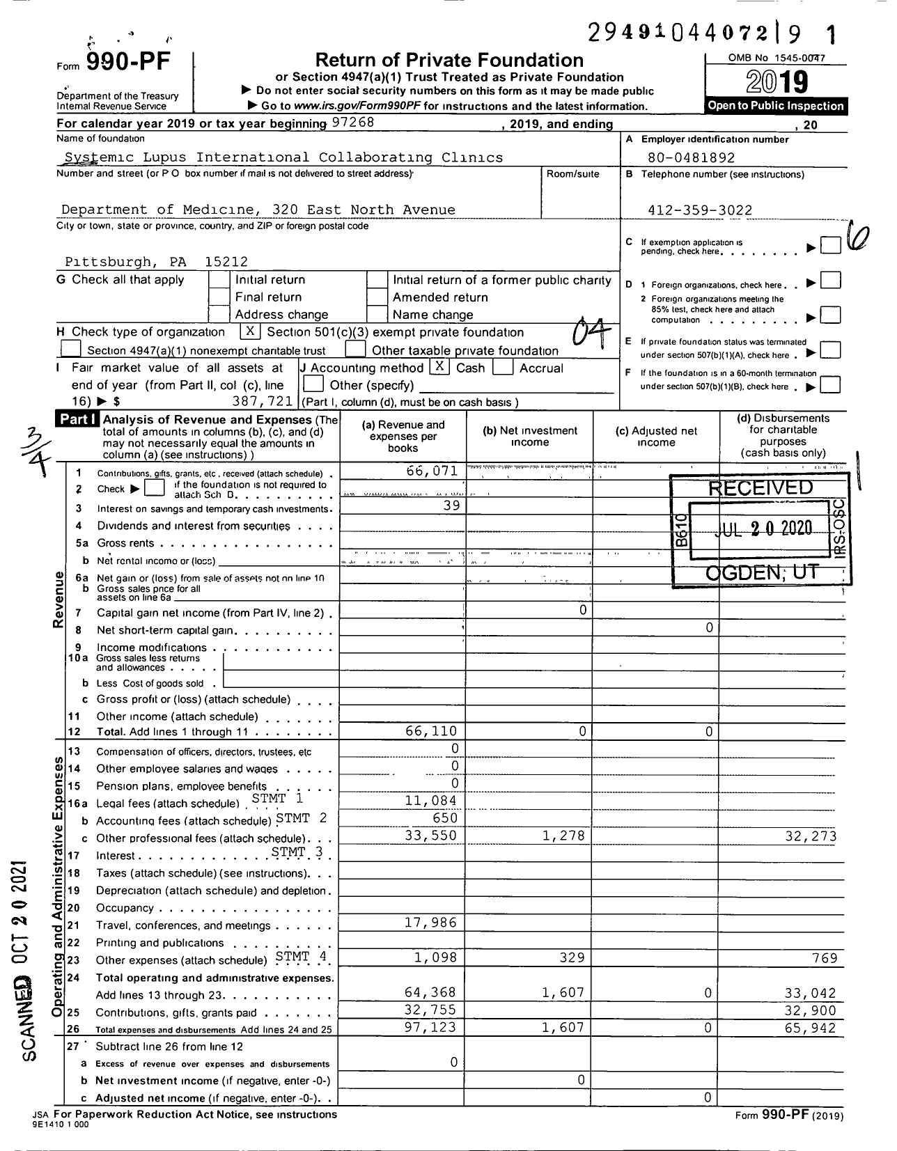 Image of first page of 2019 Form 990PF for Systemic Lupus International Collaborating ng Clinics