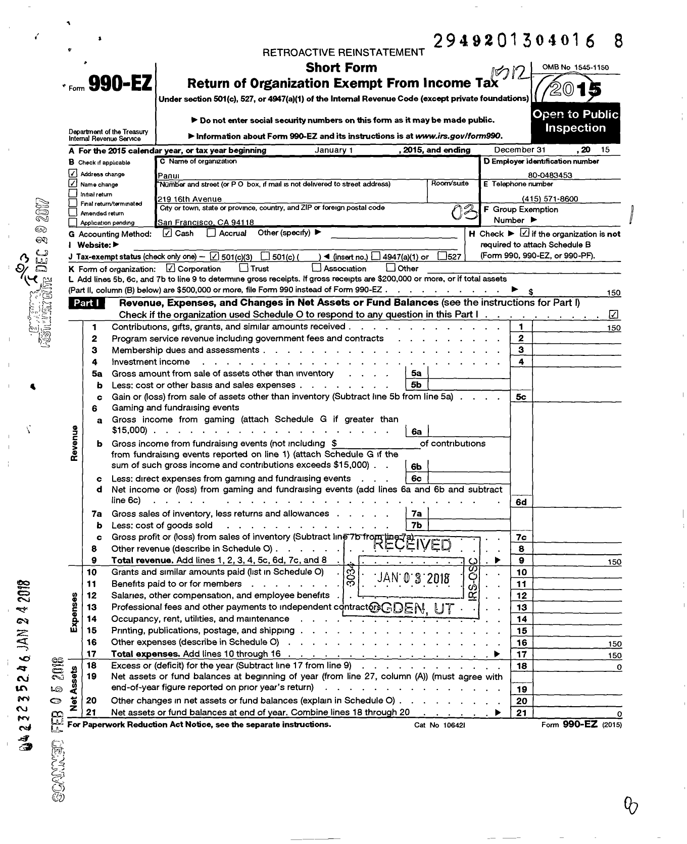 Image of first page of 2015 Form 990EZ for Panui