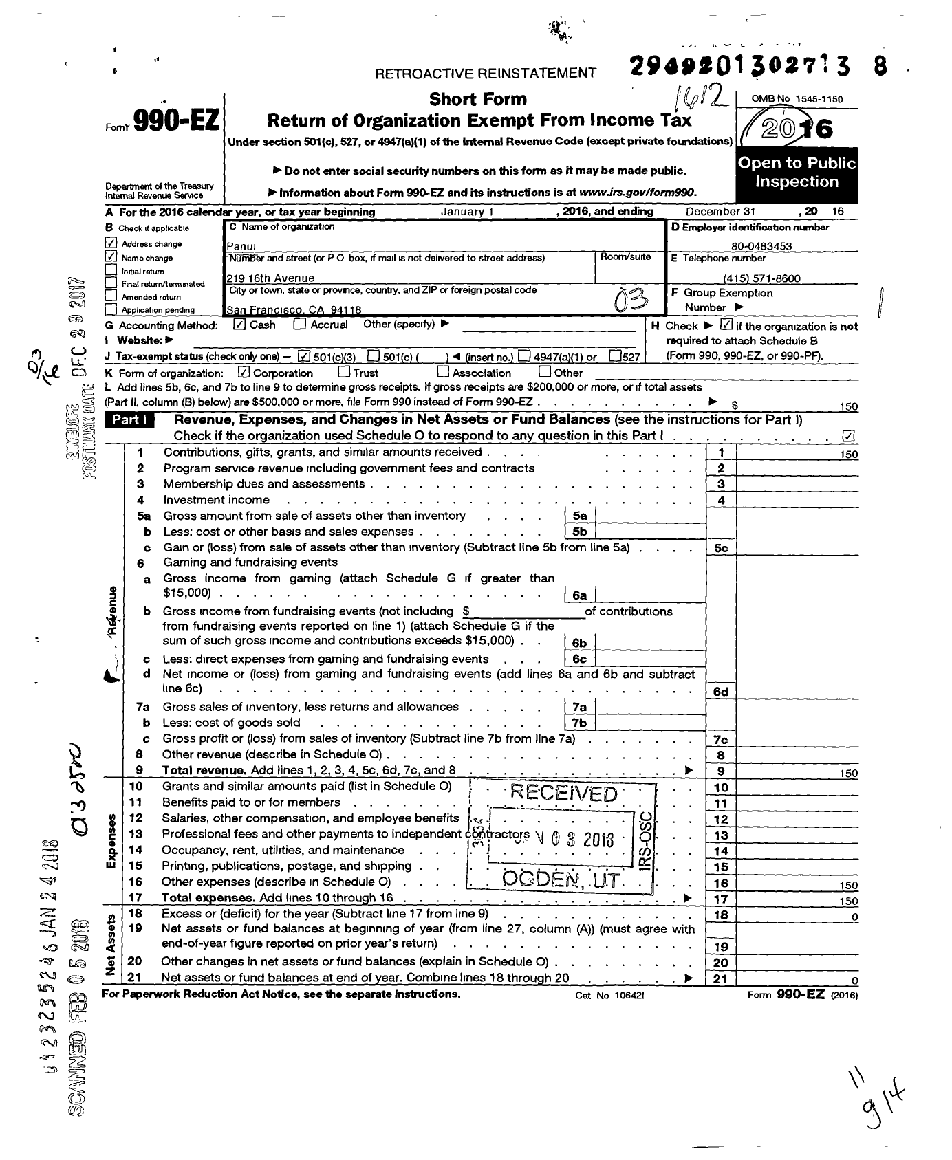 Image of first page of 2016 Form 990EZ for Panui