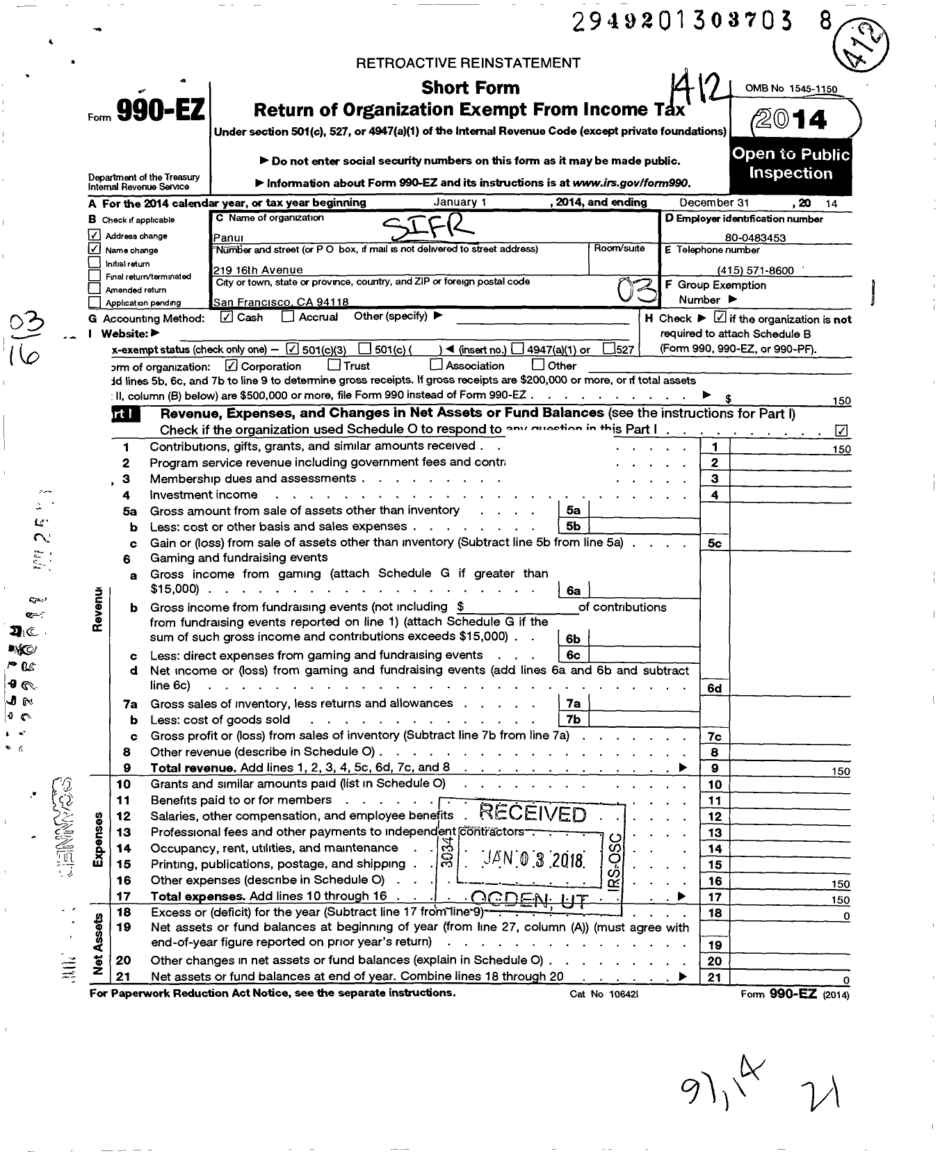 Image of first page of 2014 Form 990EZ for Panui