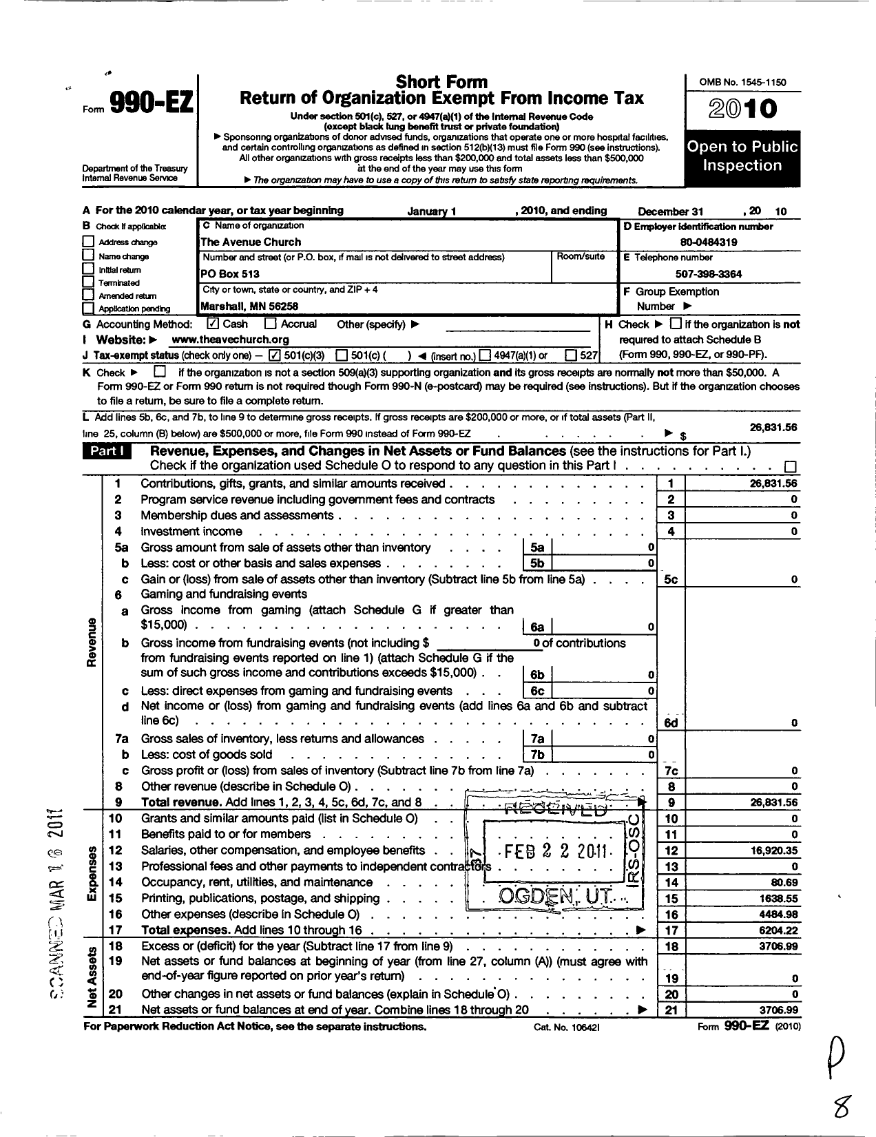 Image of first page of 2010 Form 990EZ for Avenue Church
