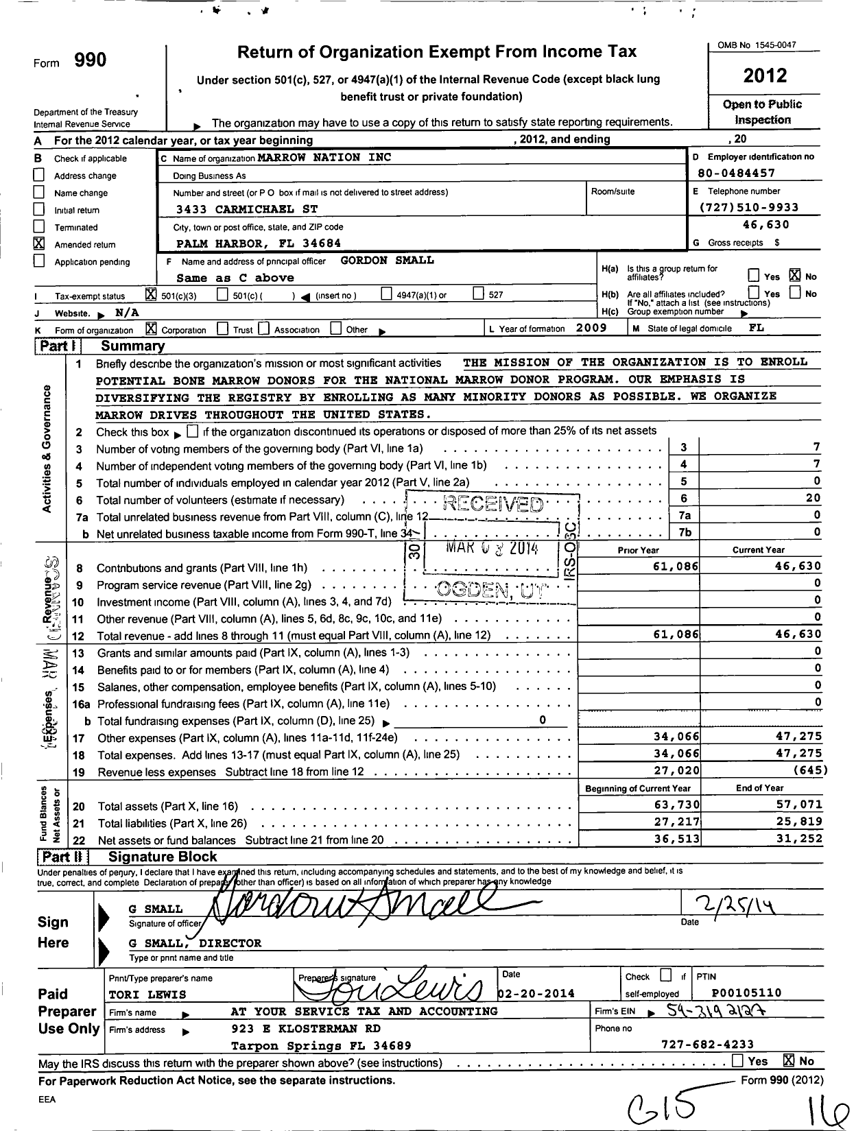 Image of first page of 2012 Form 990 for Marrow Nation