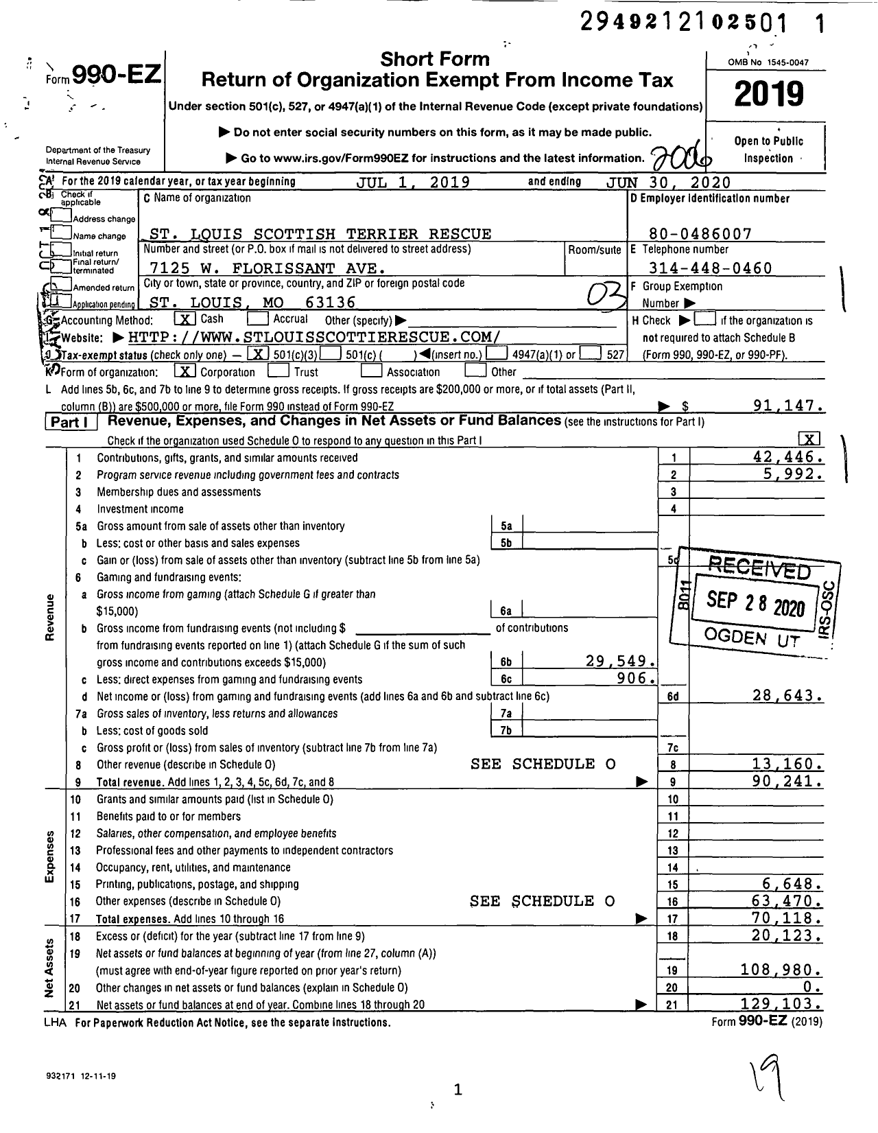 Image of first page of 2019 Form 990EZ for St Louis Scottish Terrier Rescue