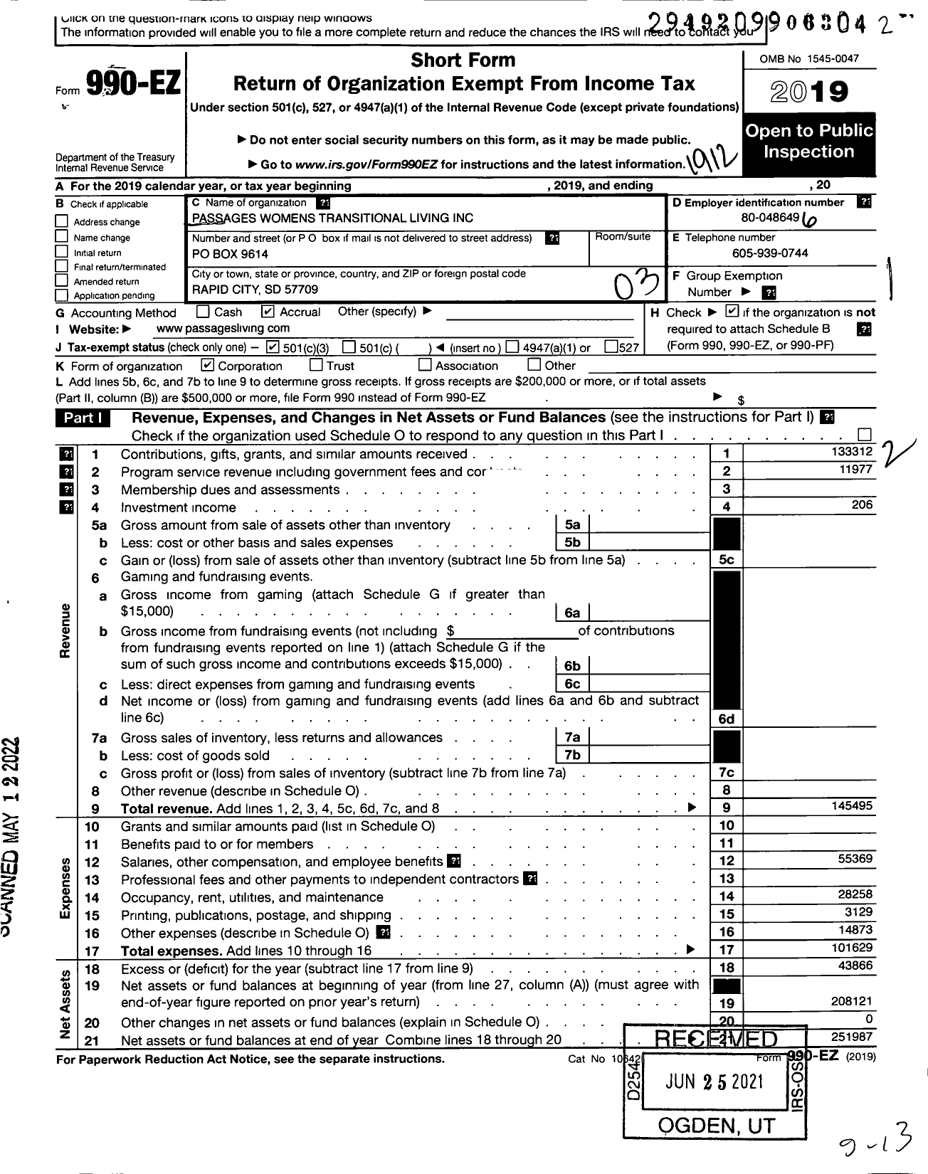 Image of first page of 2019 Form 990EZ for Passages Women's Transitional Living