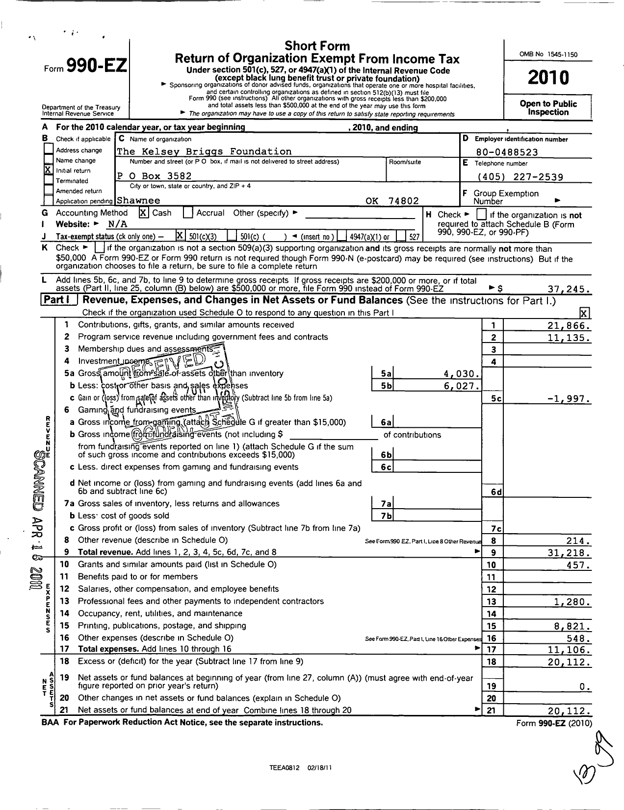 Image of first page of 2010 Form 990EZ for Kelsey Briggs Foundation