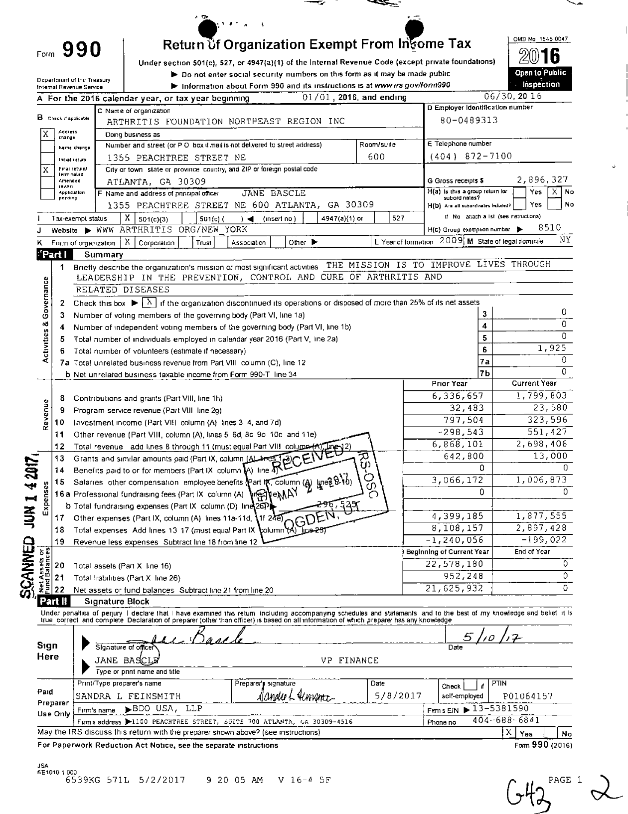 Image of first page of 2015 Form 990 for Arthritis Foundation Northeast Region