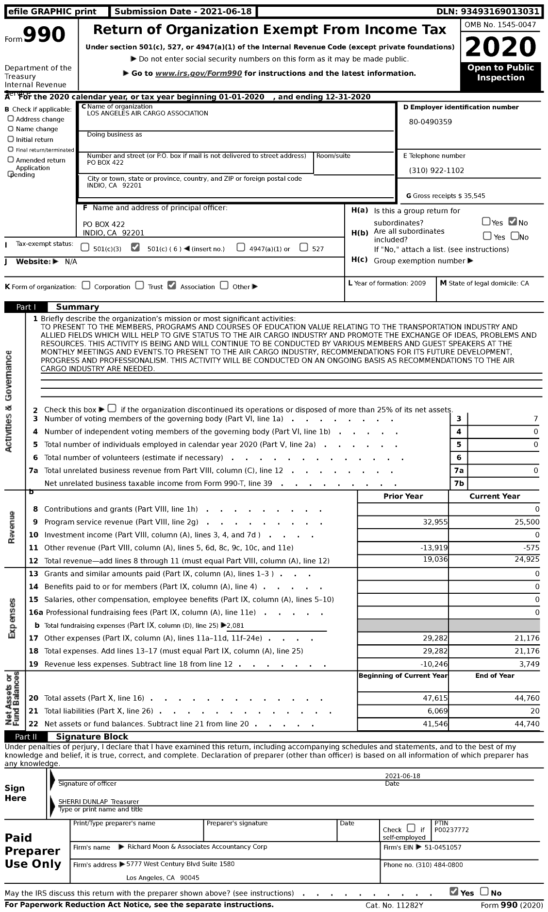 Image of first page of 2020 Form 990 for Los Angeles Air Cargo Association