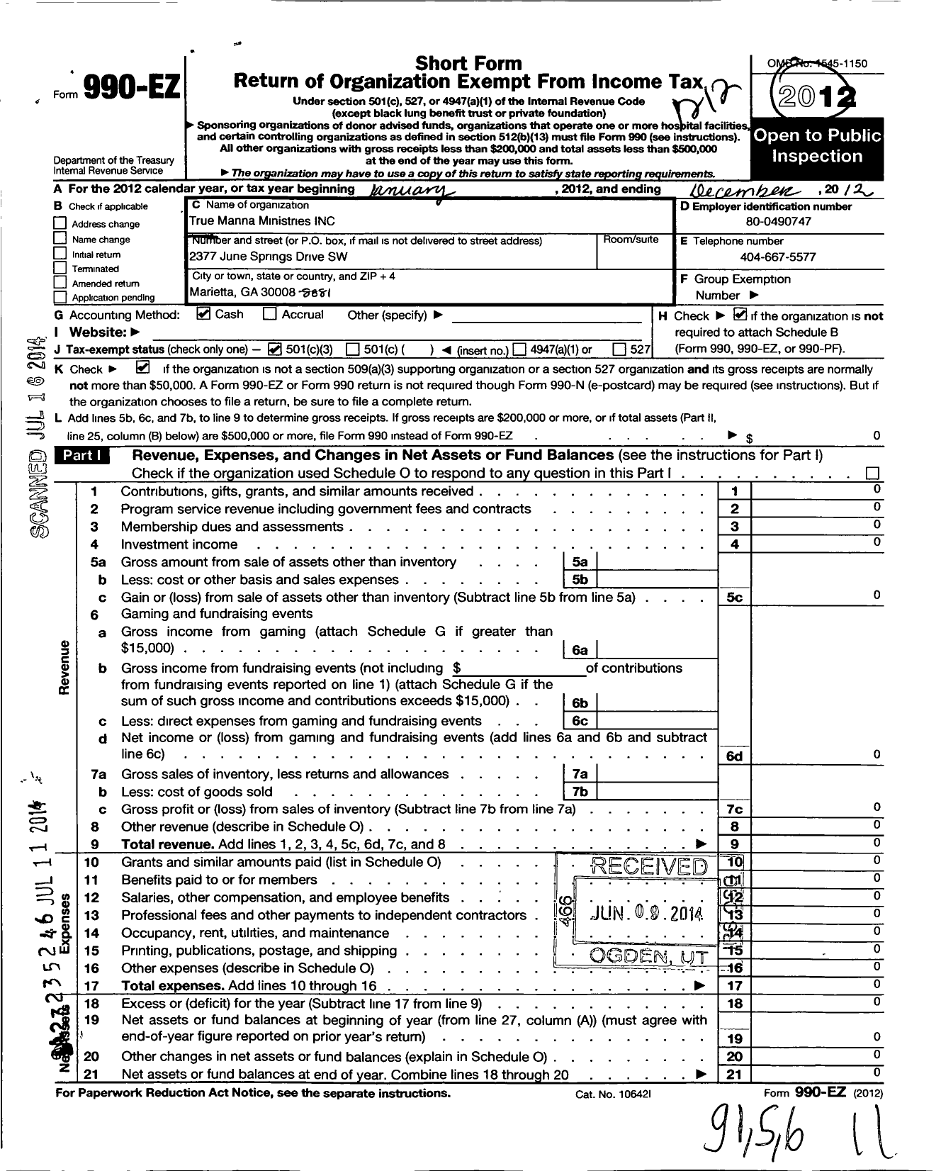 Image of first page of 2012 Form 990EZ for True Manna Ministries