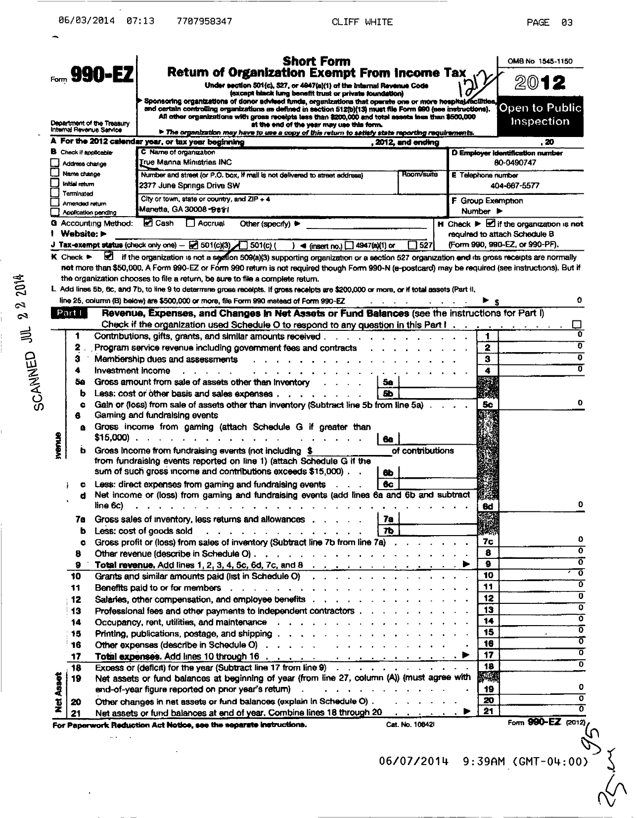 Image of first page of 2012 Form 990EZ for True Manna Ministries