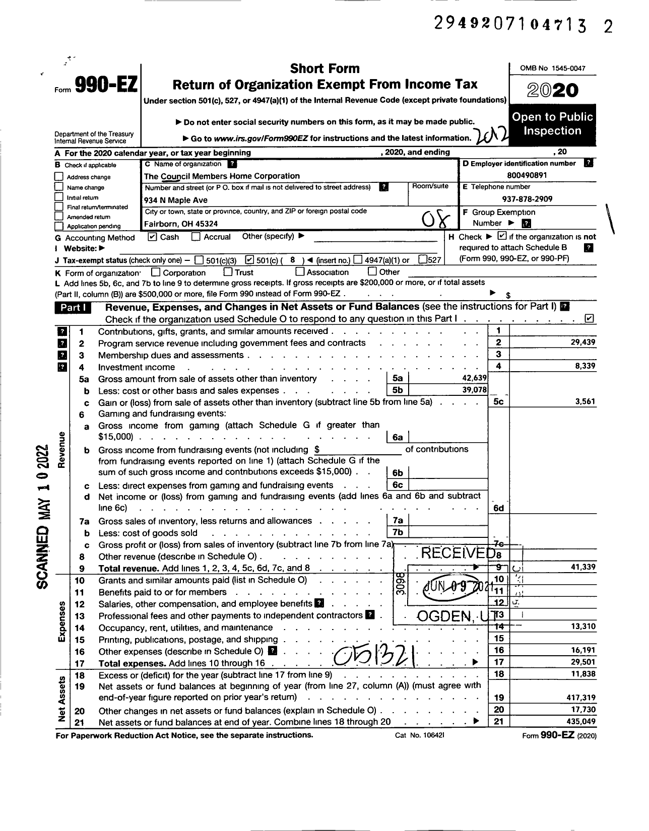 Image of first page of 2020 Form 990EO for Council Members Home Corporation