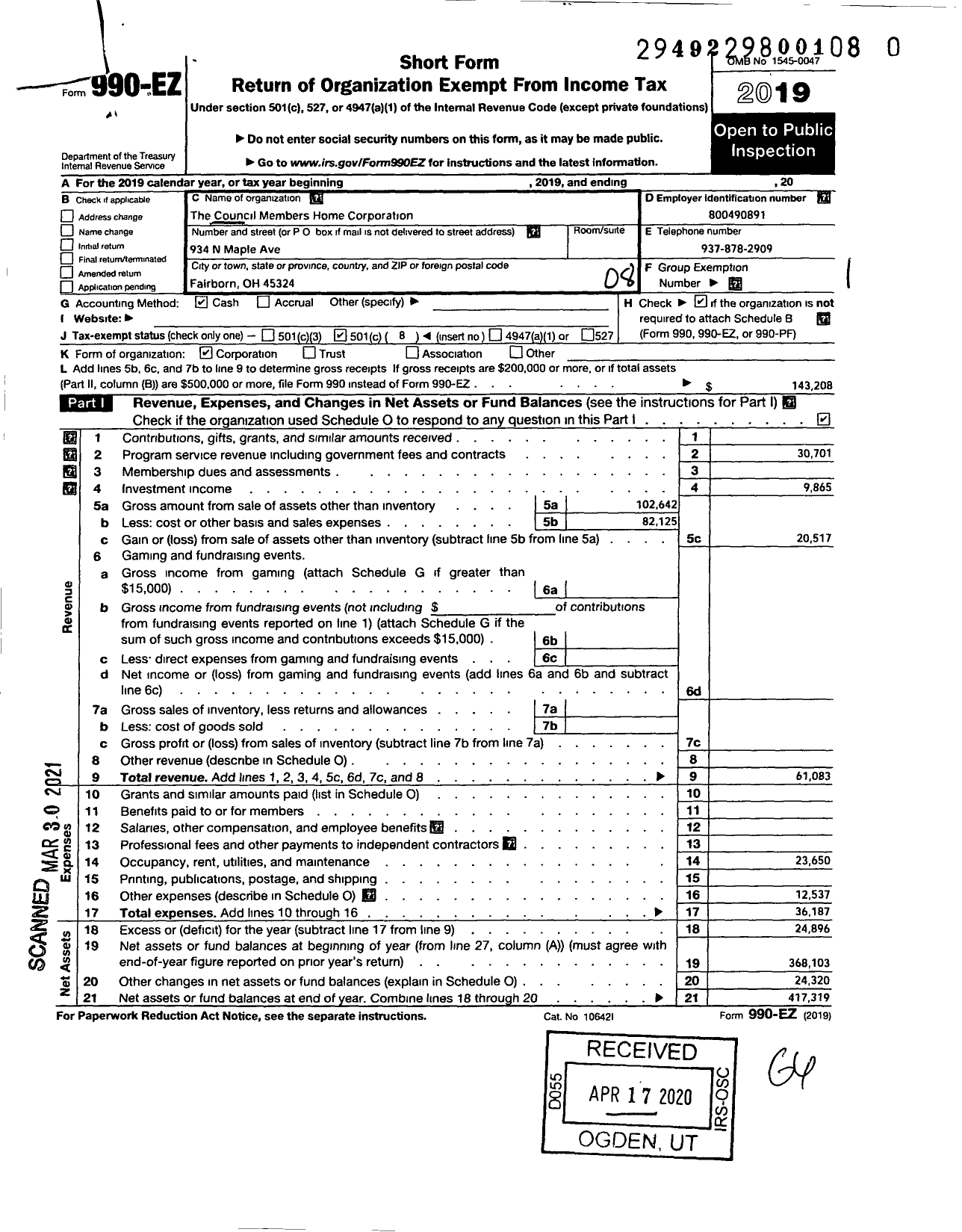 Image of first page of 2019 Form 990EO for Council Members Home Corporation