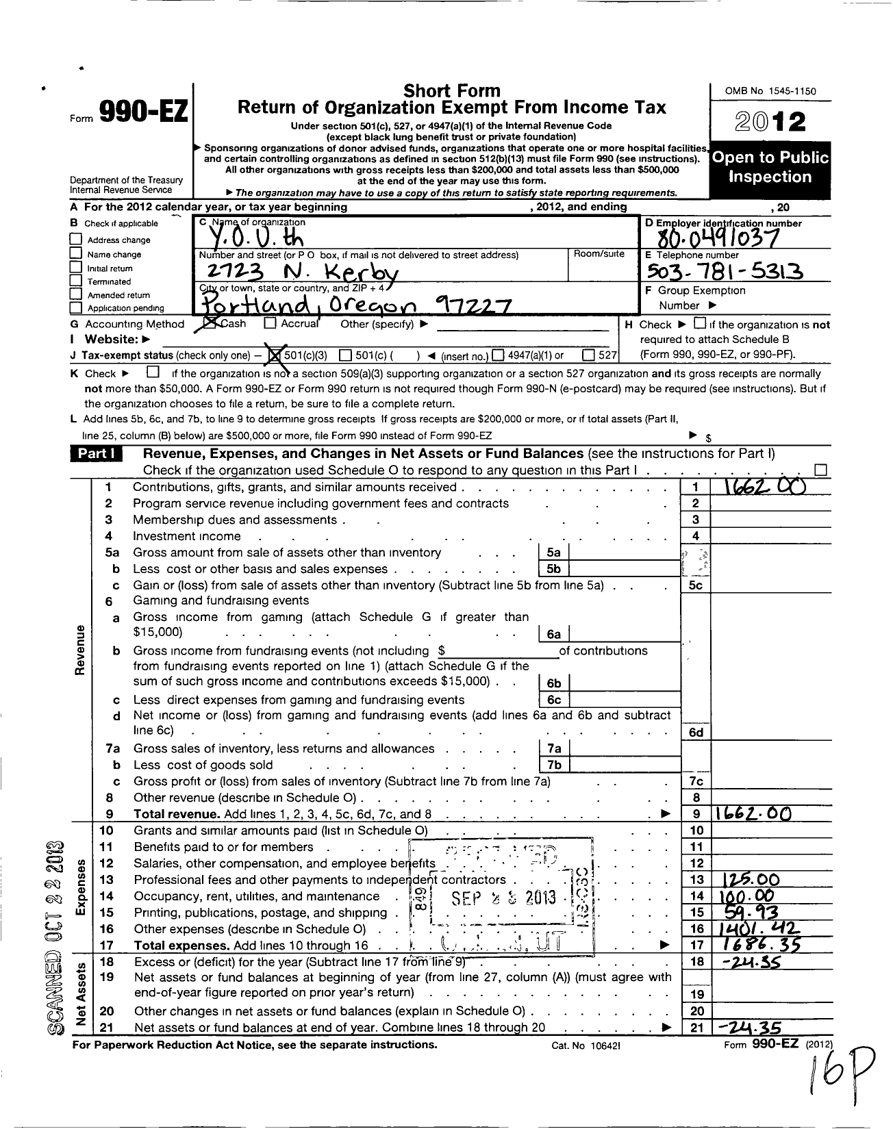 Image of first page of 2012 Form 990EZ for Youth Organized and United Help