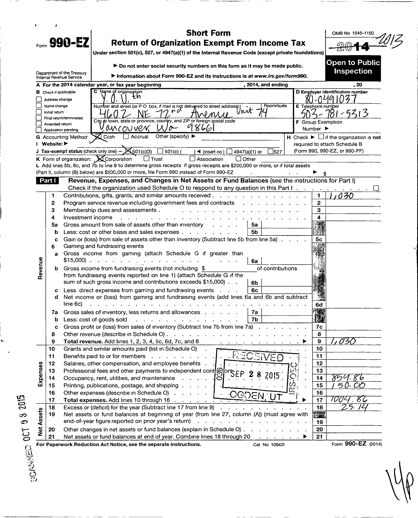 Image of first page of 2013 Form 990EZ for Youth Organized and United Help