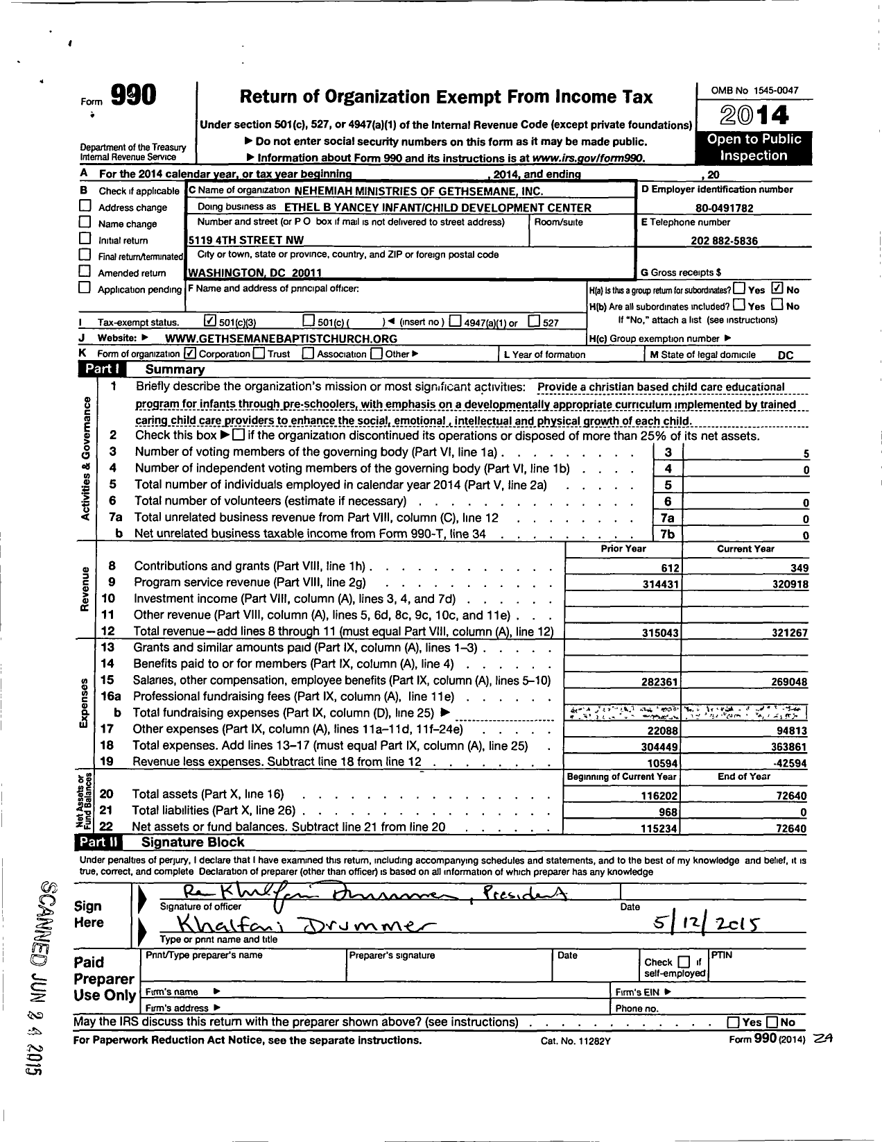 Image of first page of 2014 Form 990 for Nehemiah Ministries of Gethsemane