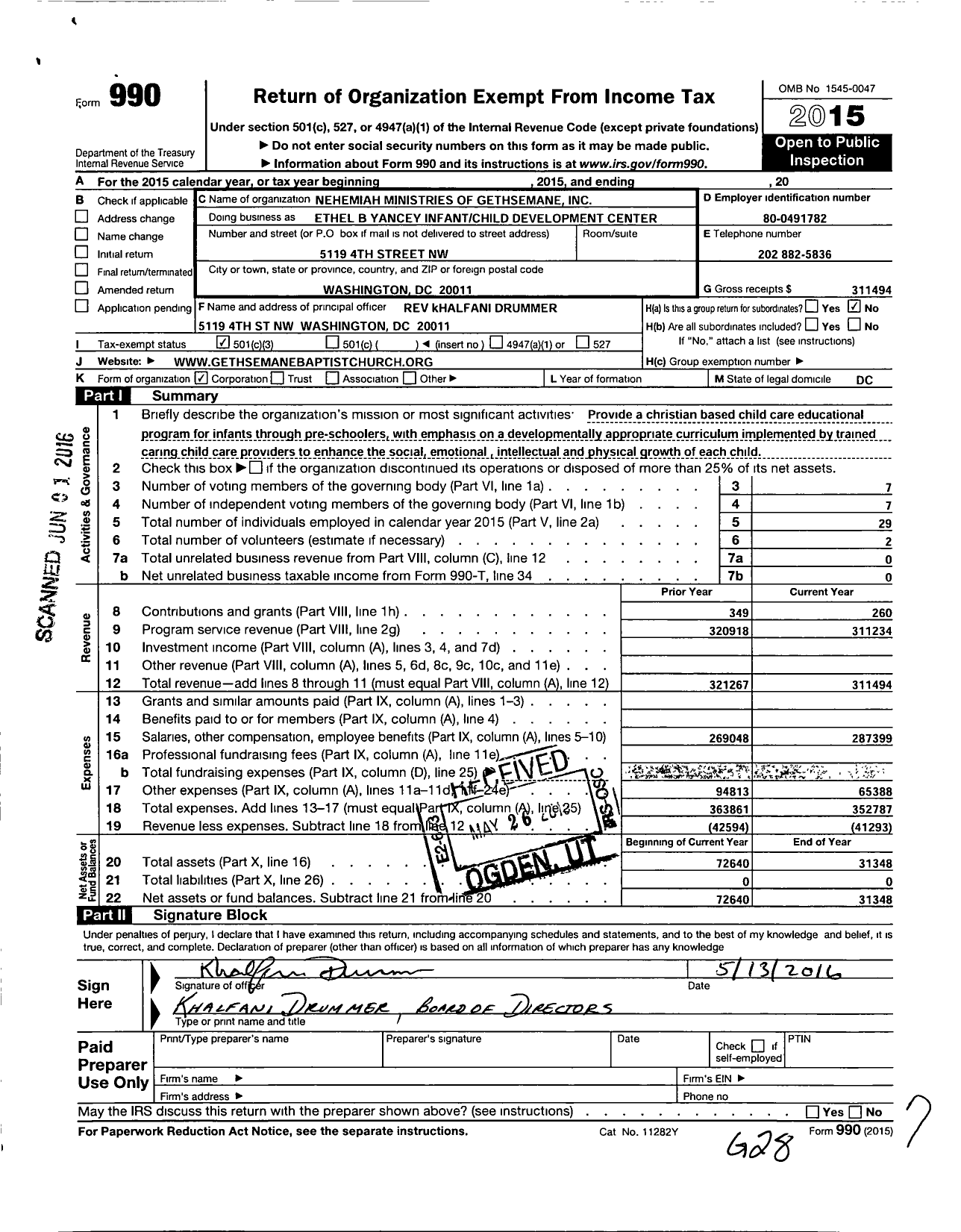 Image of first page of 2015 Form 990 for Nehemiah Ministries of Gethsemane