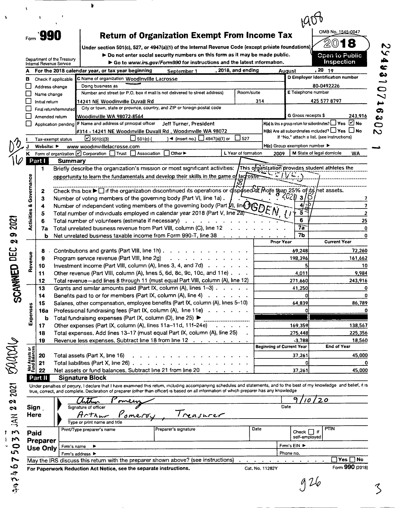 Image of first page of 2018 Form 990 for Woodinville Lacrosse