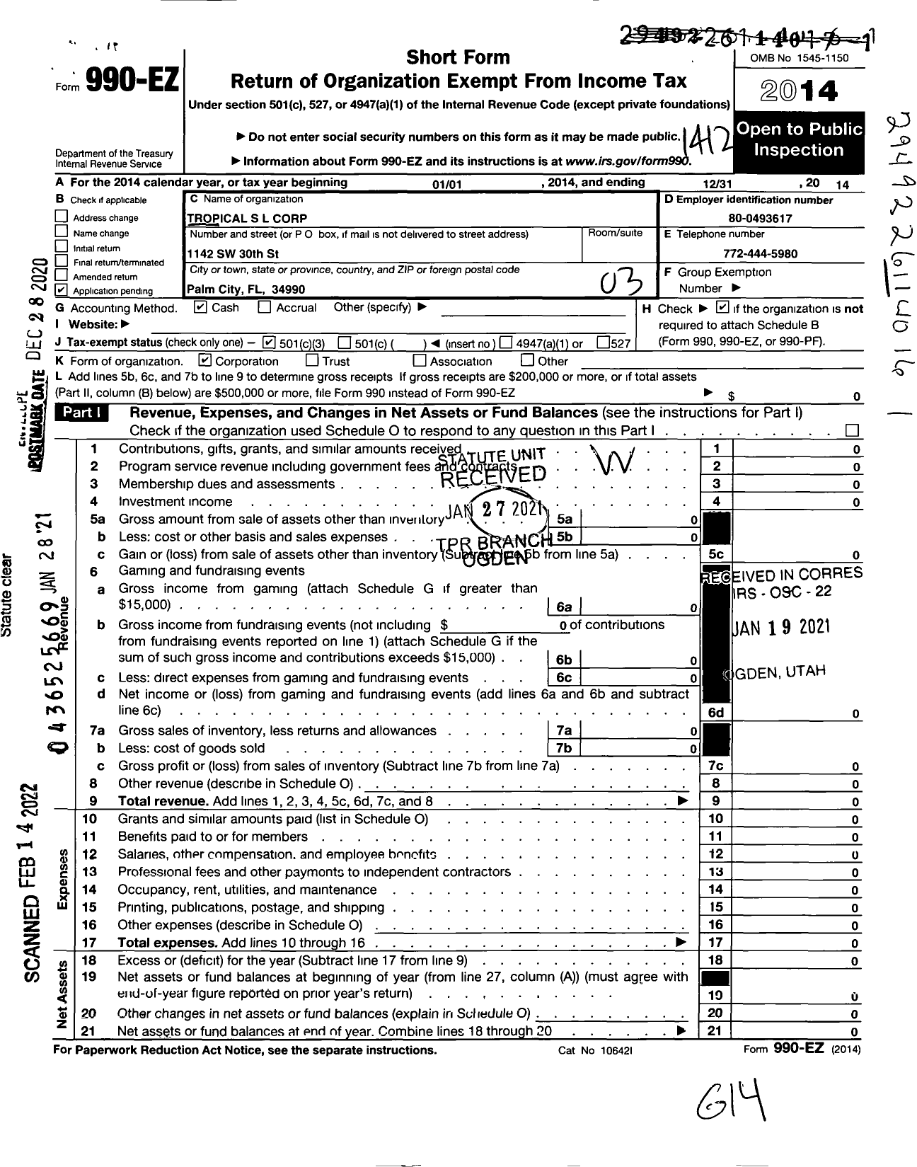 Image of first page of 2014 Form 990EZ for Tropical S L Corporation