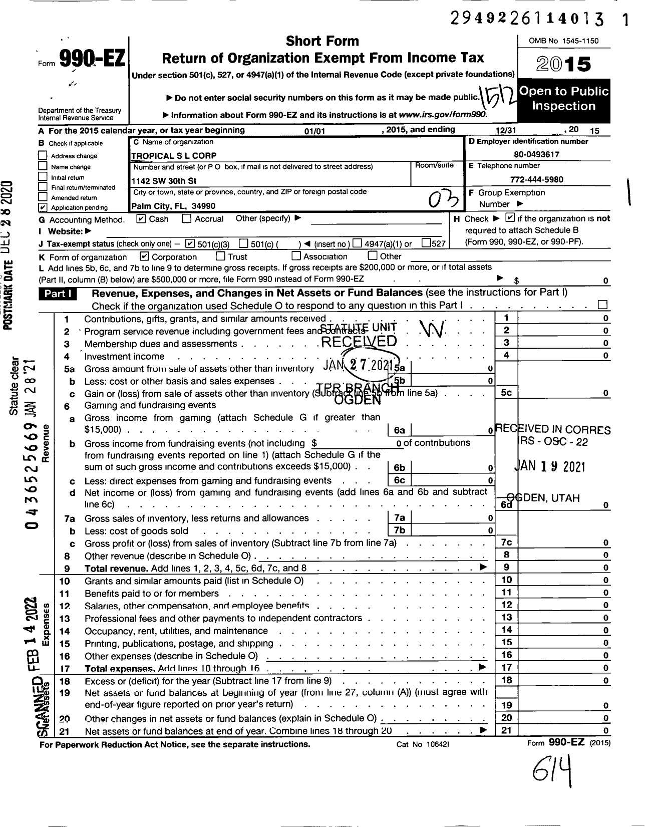 Image of first page of 2015 Form 990EZ for Tropical S L Corporation