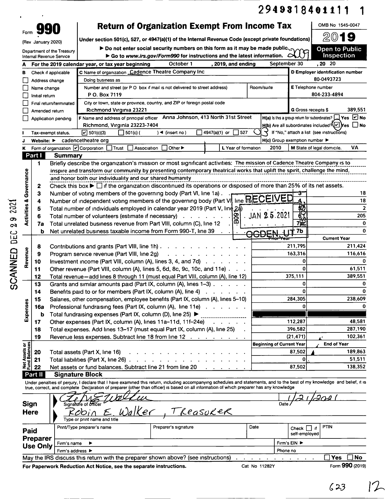 Image of first page of 2019 Form 990 for Cadence Theatre Company