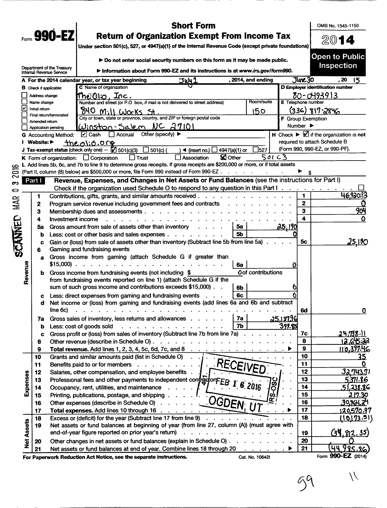 Image of first page of 2014 Form 990EZ for The Olio