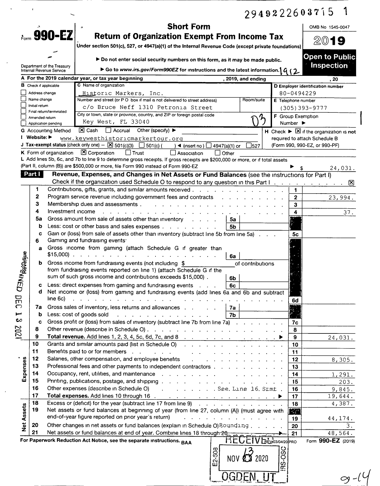 Image of first page of 2019 Form 990EZ for Historic Markers