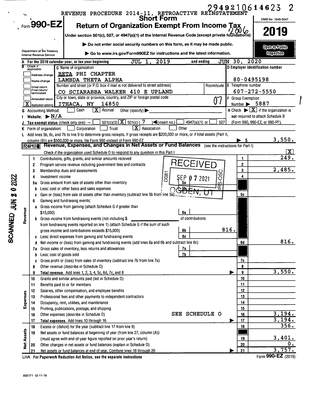 Image of first page of 2019 Form 990EO for Beta Phi Chapter Lambda Theta Alpha