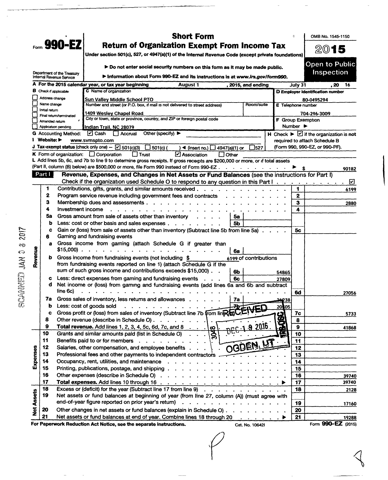 Image of first page of 2015 Form 990EZ for Sun Valley Middle School PTO