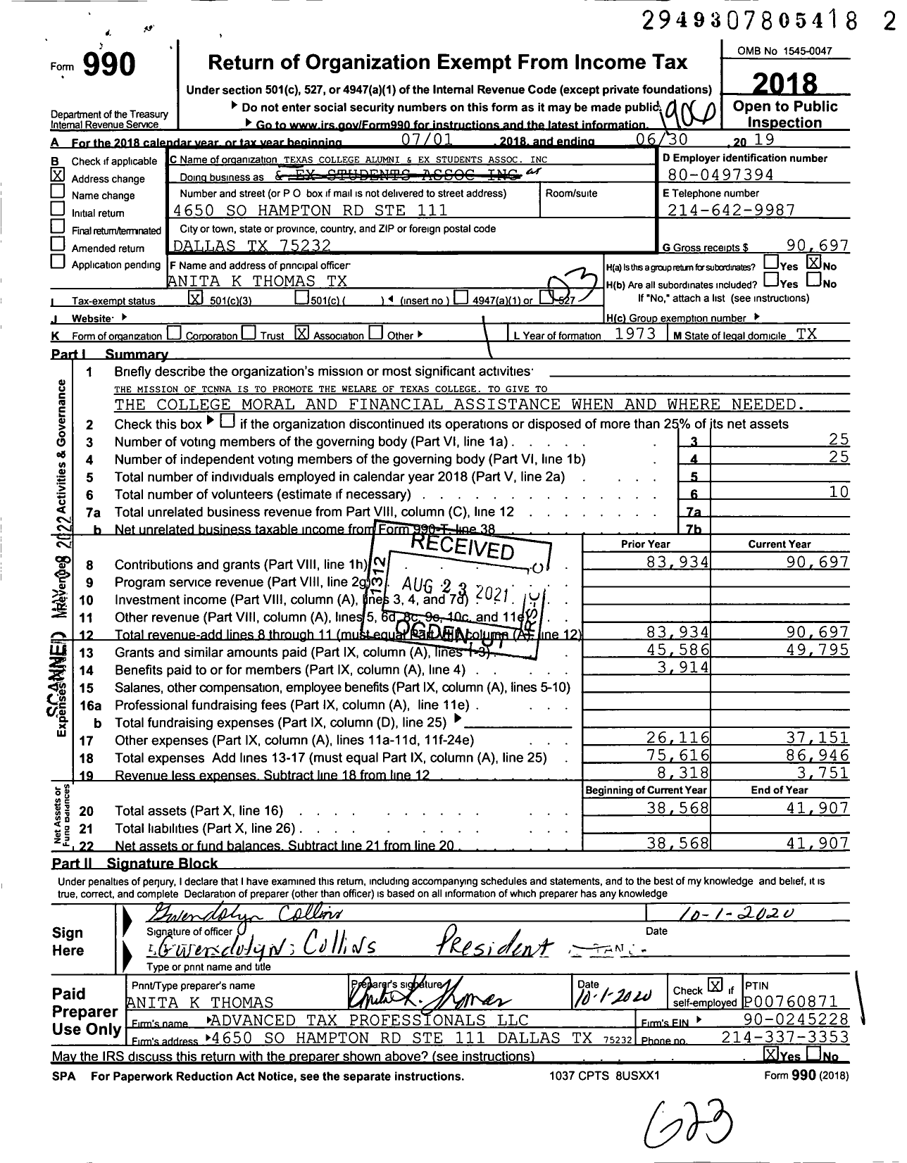 Image of first page of 2018 Form 990 for Texas College Alumni and Ex Students Association