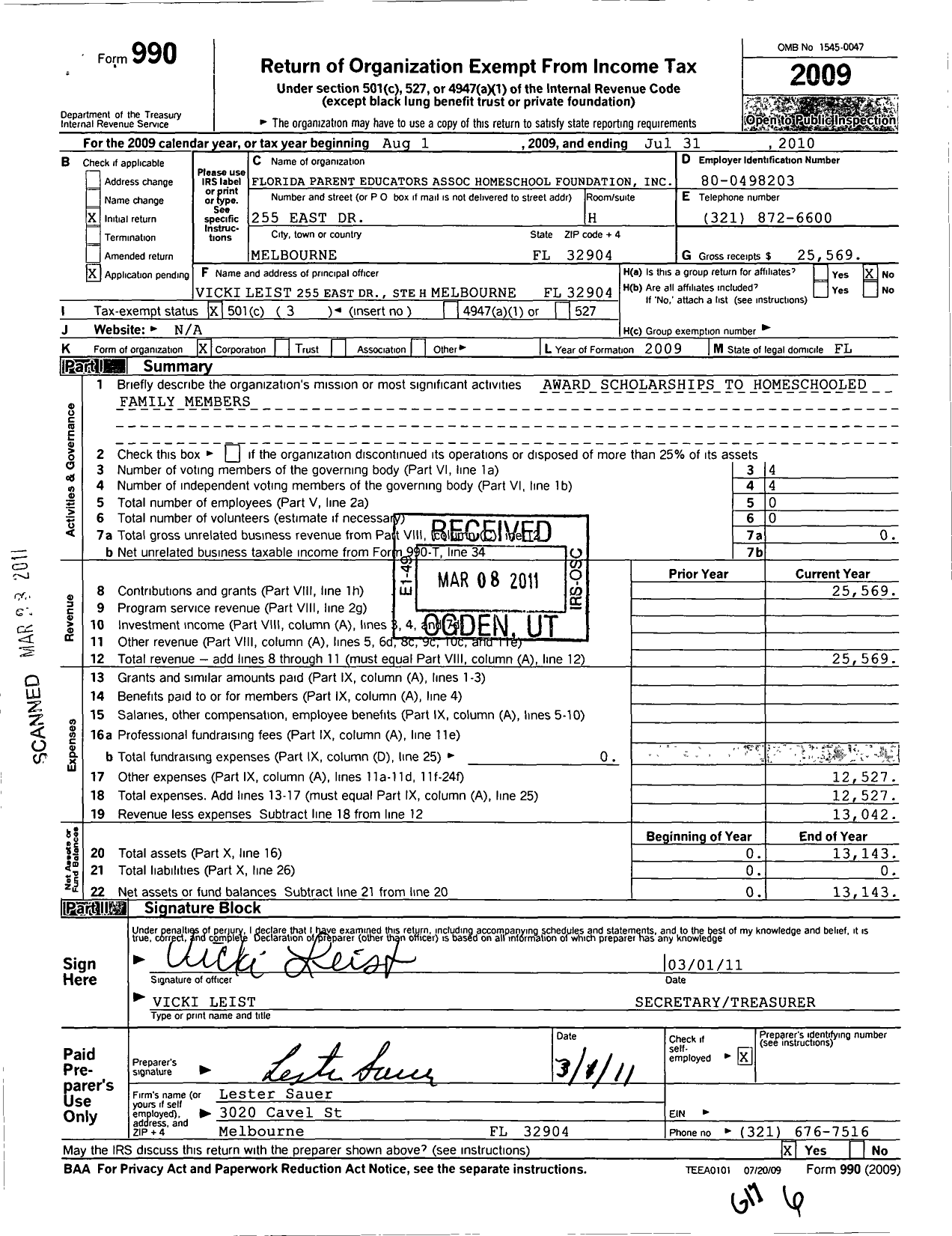 Image of first page of 2009 Form 990 for Florida Parent Educators Association Home School Foundation