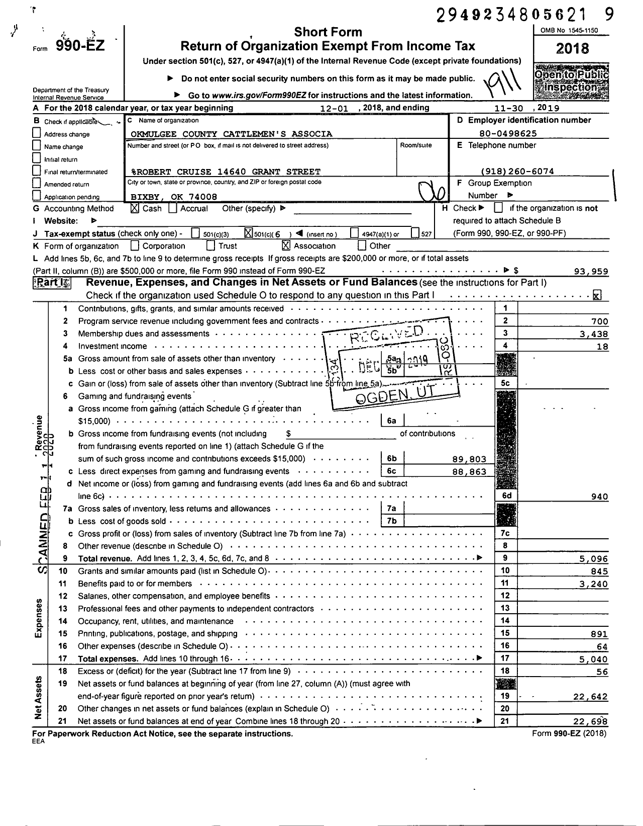 Image of first page of 2018 Form 990EO for Okmulgee County Cattlemens Association