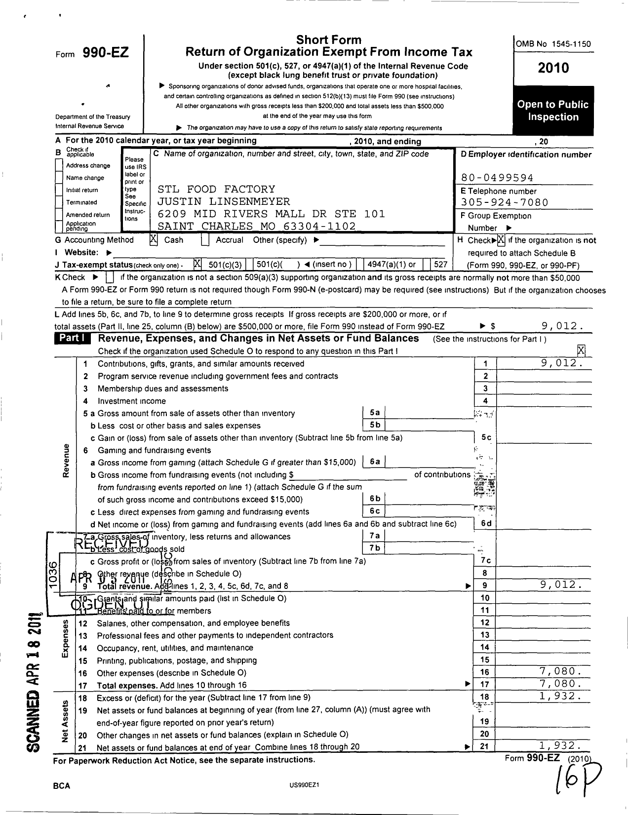 Image of first page of 2010 Form 990EZ for STL Food Factory