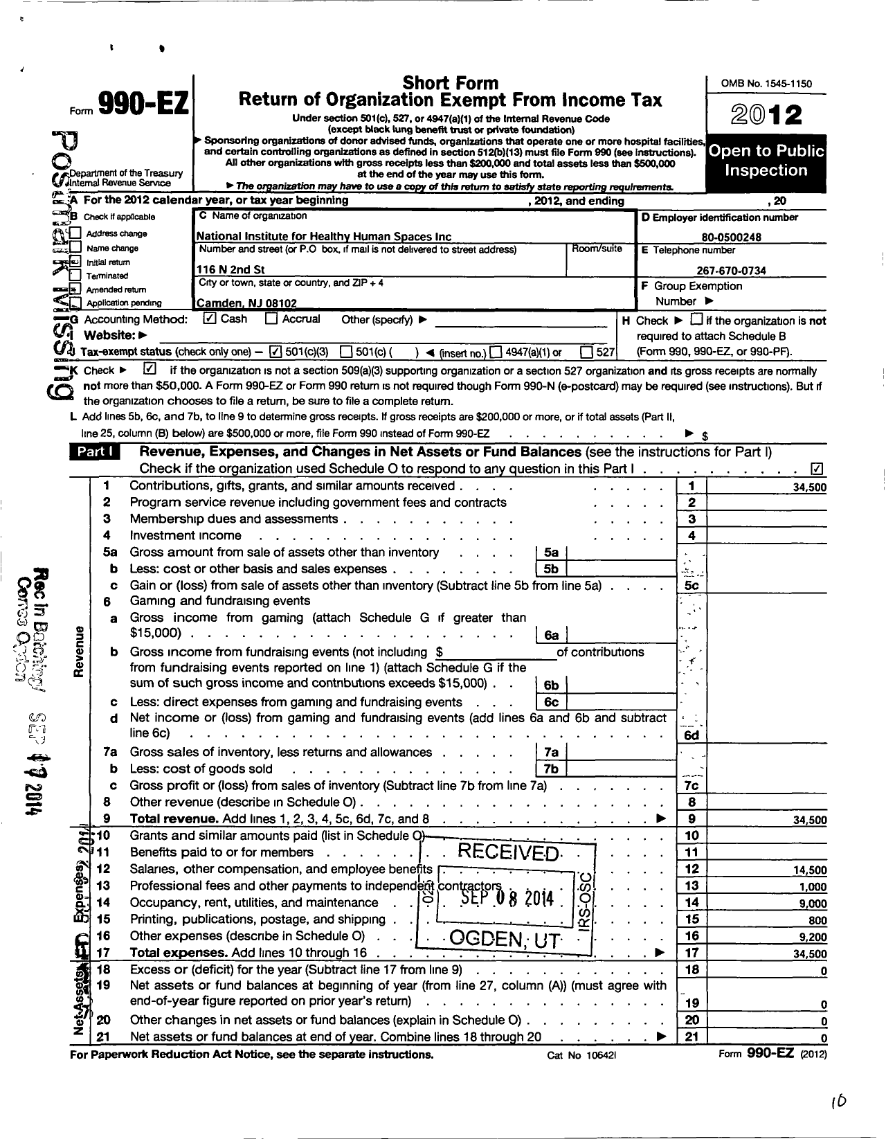 Image of first page of 2012 Form 990EZ for National Institute for Healthy Human Spaces