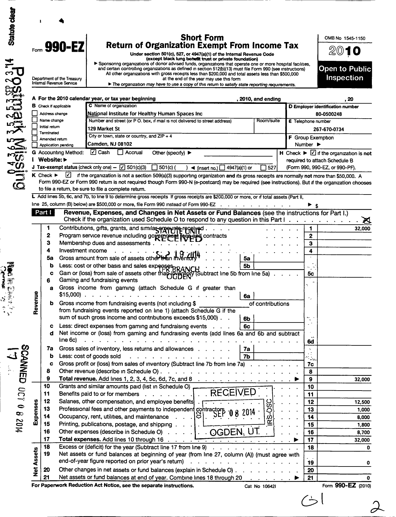 Image of first page of 2010 Form 990EZ for National Institute for Healthy Human Spaces