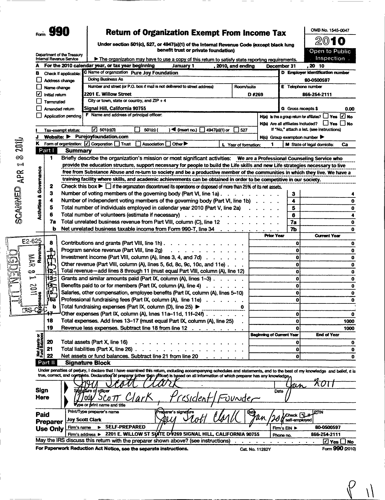 Image of first page of 2010 Form 990 for Pure Joy Foundation