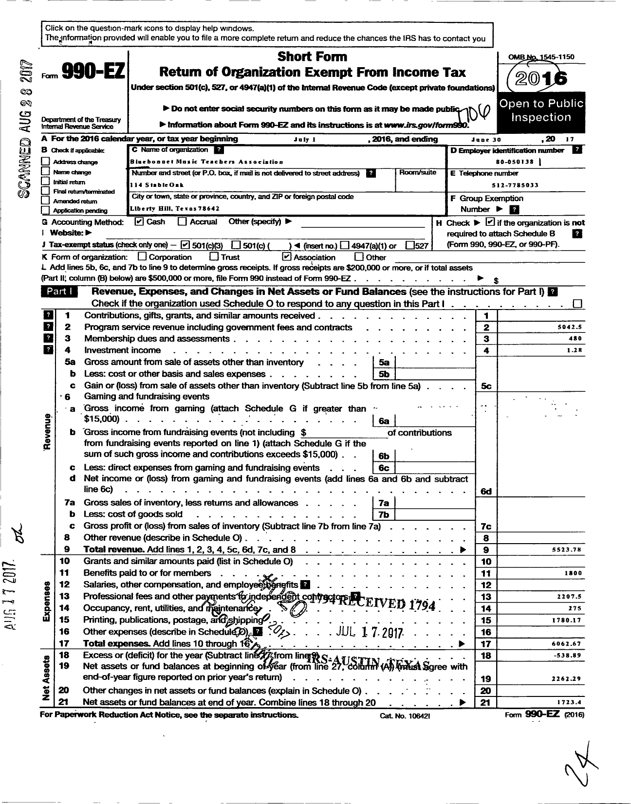 Image of first page of 2016 Form 990EZ for Music Teachers National Association / Blue Bonnet Music Teachers Asso