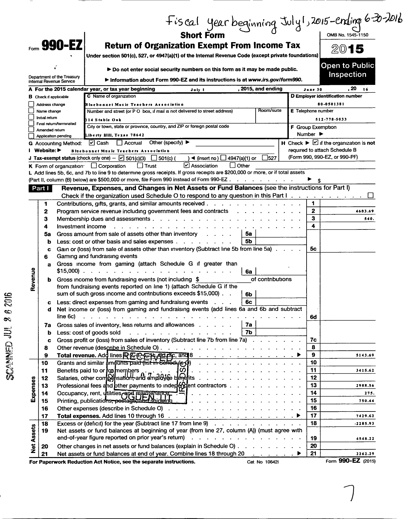 Image of first page of 2015 Form 990EZ for Music Teachers National Association / Blue Bonnet Music Teachers Asso