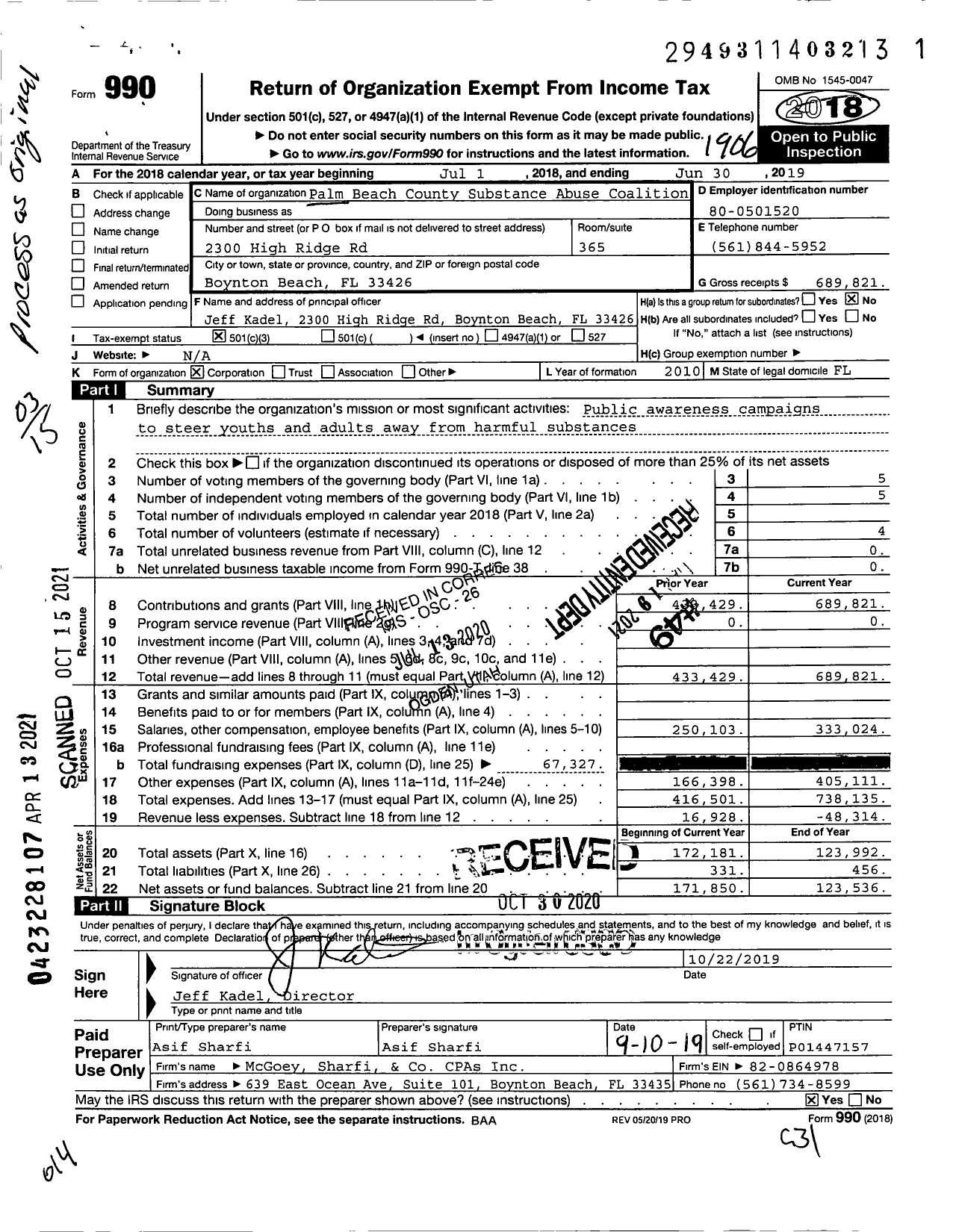 Image of first page of 2018 Form 990 for Palm Beach County Substance Abuse Coalition