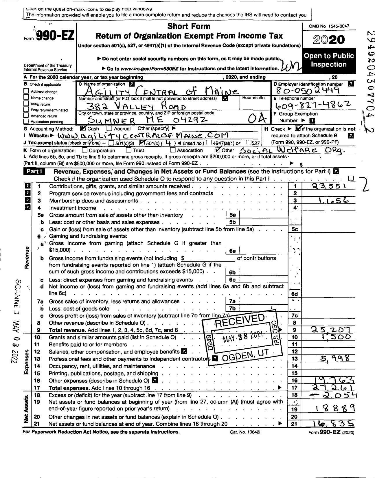 Image of first page of 2020 Form 990EO for Agility Central of Maine